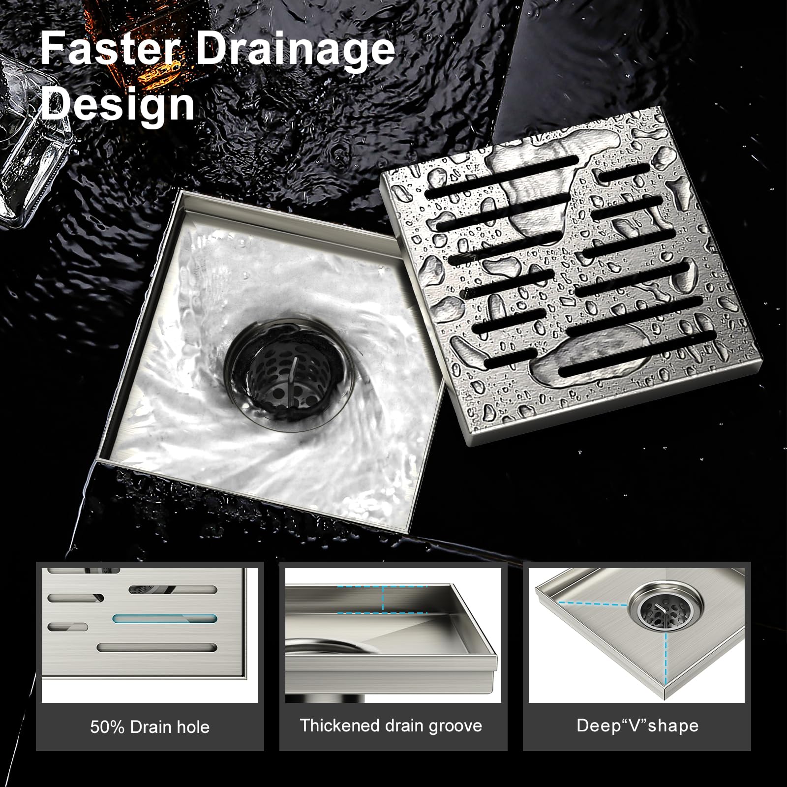 12 Inches Shower Drain with Removable Strainers,PVC Shower Drain Base for Bathroom Floor Drain,Brushed Nickel Stainless Finished