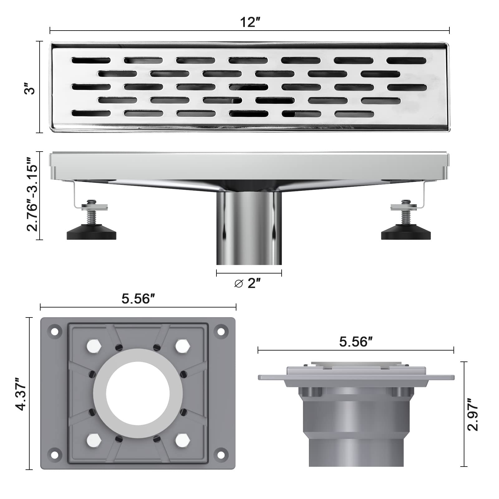12 Inches Shower Drain with Removable Strainers,PVC Shower Drain Base for Bathroom Floor Drain,Brushed Nickel Stainless Finished