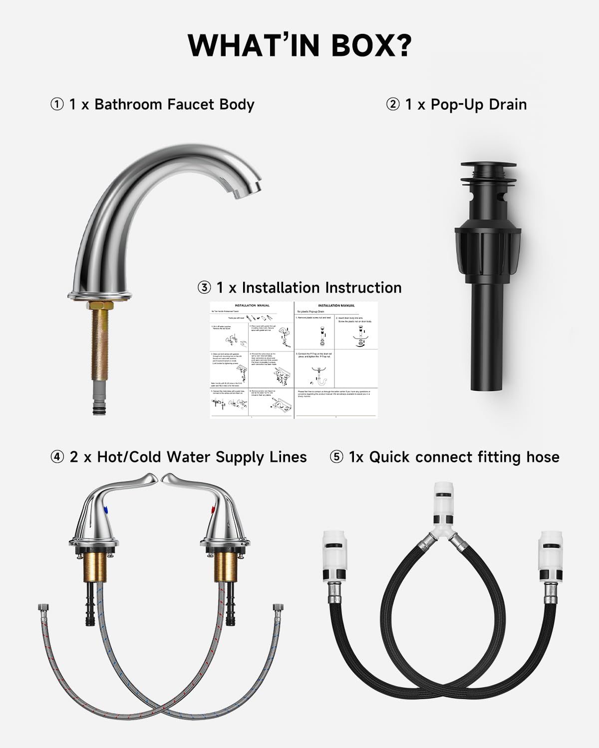 3-Hole 2-Handle RV Bathroom Sink Faucet w/Drain & Supply Lines