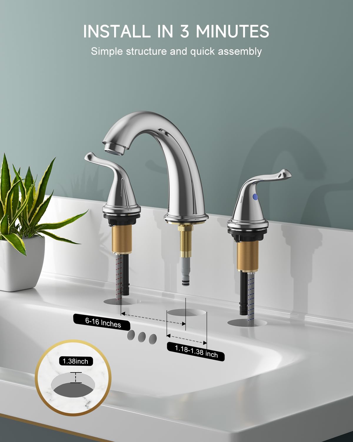 3-Hole 2-Handle RV Bathroom Sink Faucet w/Drain & Supply Lines