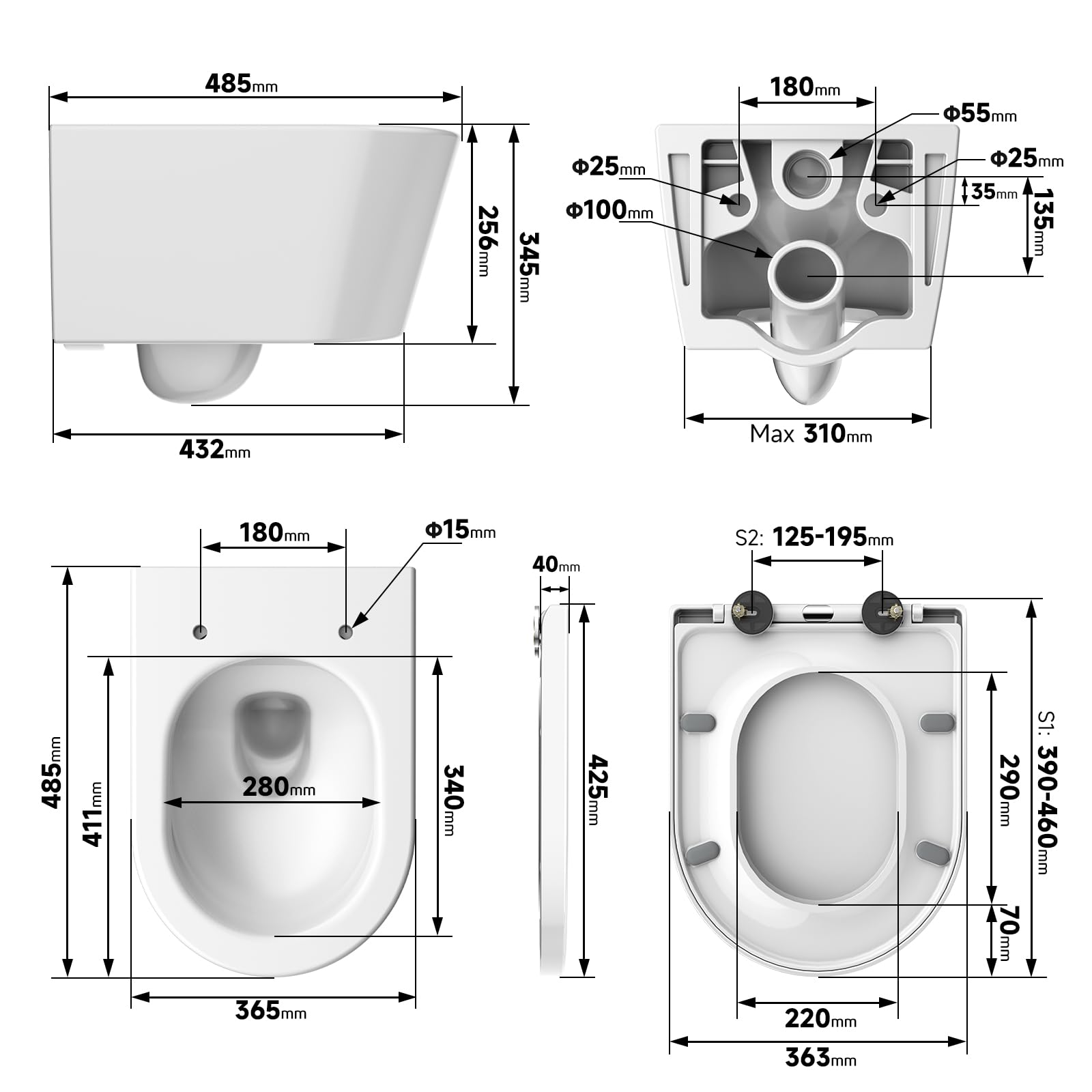 Dual-hole Opposed Flush Wall-mounted Toilet - D02 Series, Straight-line 48cm