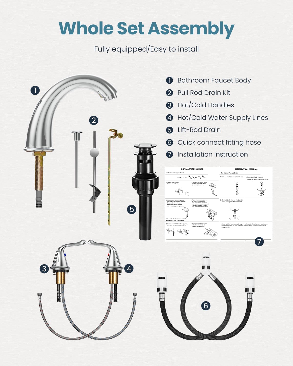 3-Hole 2-Handle RV Bathroom Sink Faucet w/Drain & Supply Lines