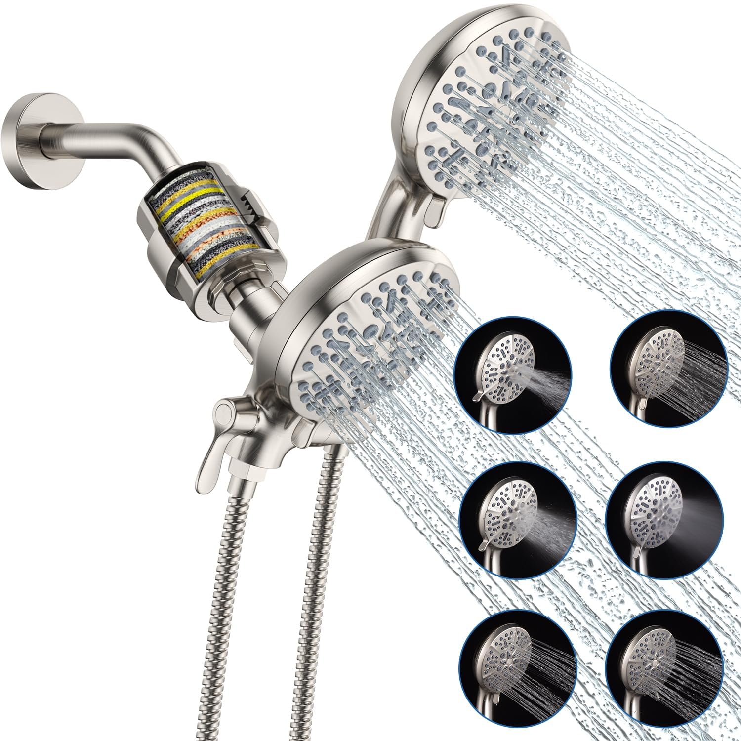 Dual-Head 7-Function Brushed Shower Combo Kit (Fan Blade Filter)