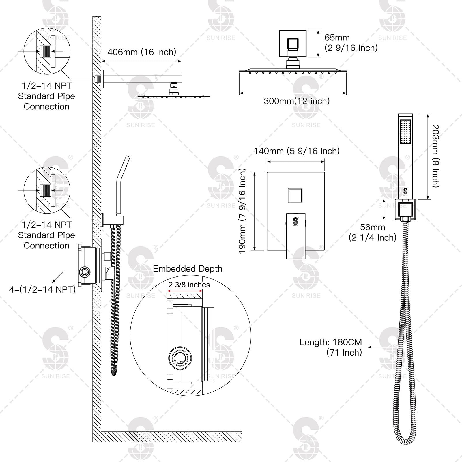 Wall-mounted Shower Arm Shower System(Square)