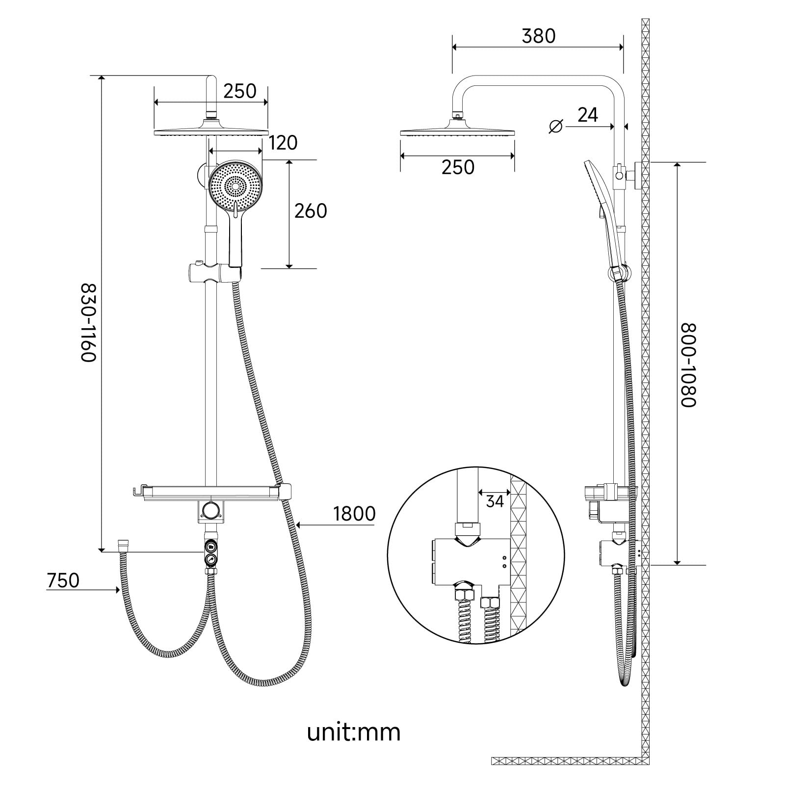 Shower Kit with Button Diverter with Shelf