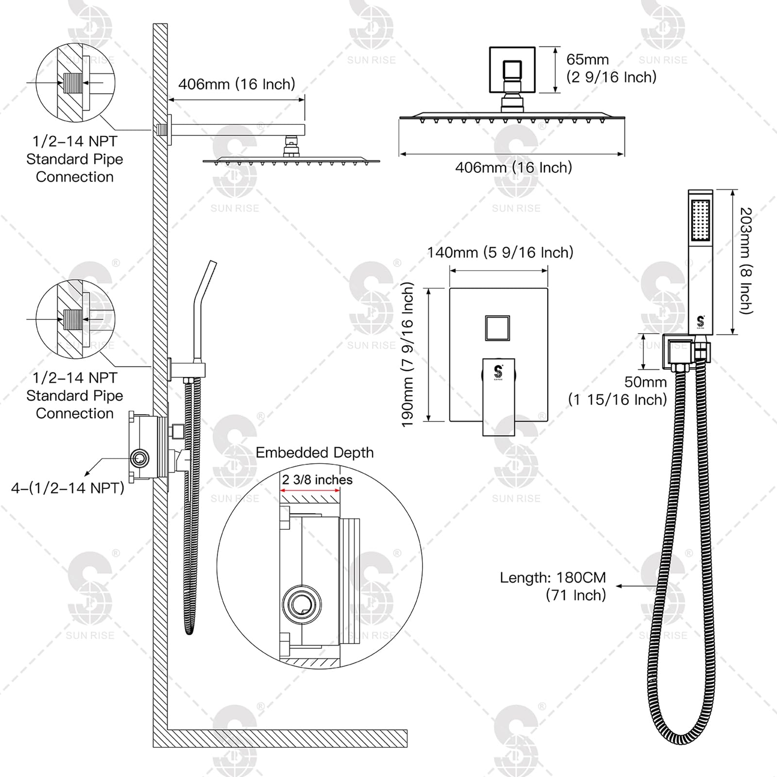 Wall-mounted Shower Arm Shower System(Square)