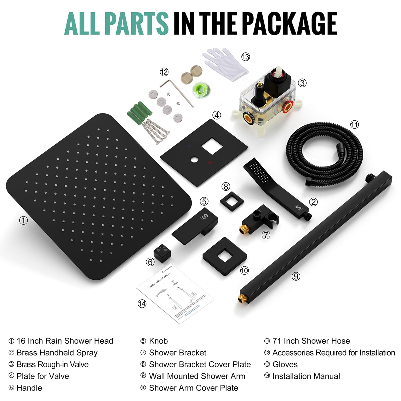 Wall-mounted Shower Arm Shower System(Square)