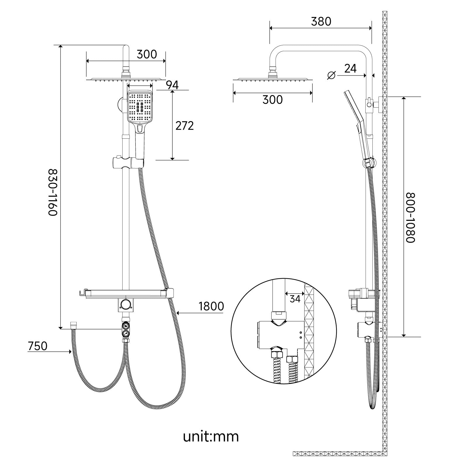 Shower Kit with Button Diverter with Shelf