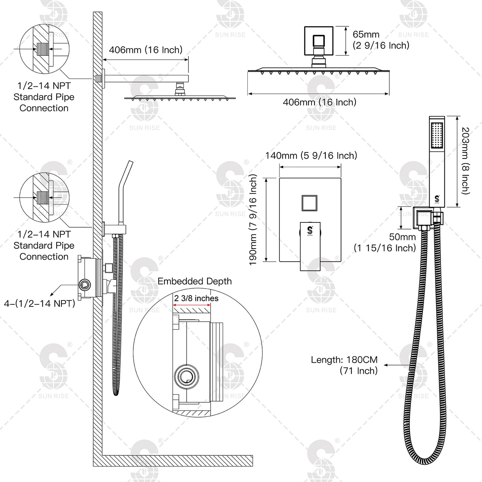 Wall-mounted Shower Arm Shower System(Square)