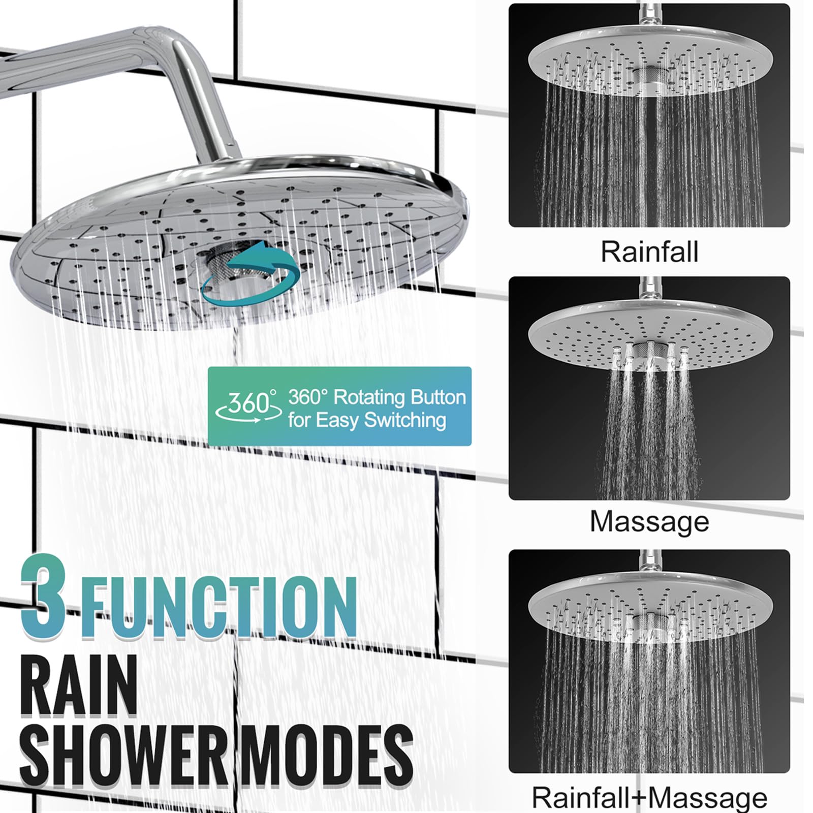 Shower Faucet Set with 3-Function High Pressure 10-Inch Shower System, 6-Setting Handheld Shower Head and Valve