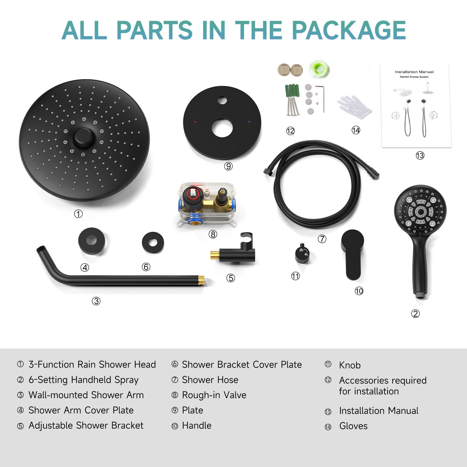 Shower Faucet Set with 3-Function High Pressure 10-Inch Shower System, 6-Setting Handheld Shower Head and Valve