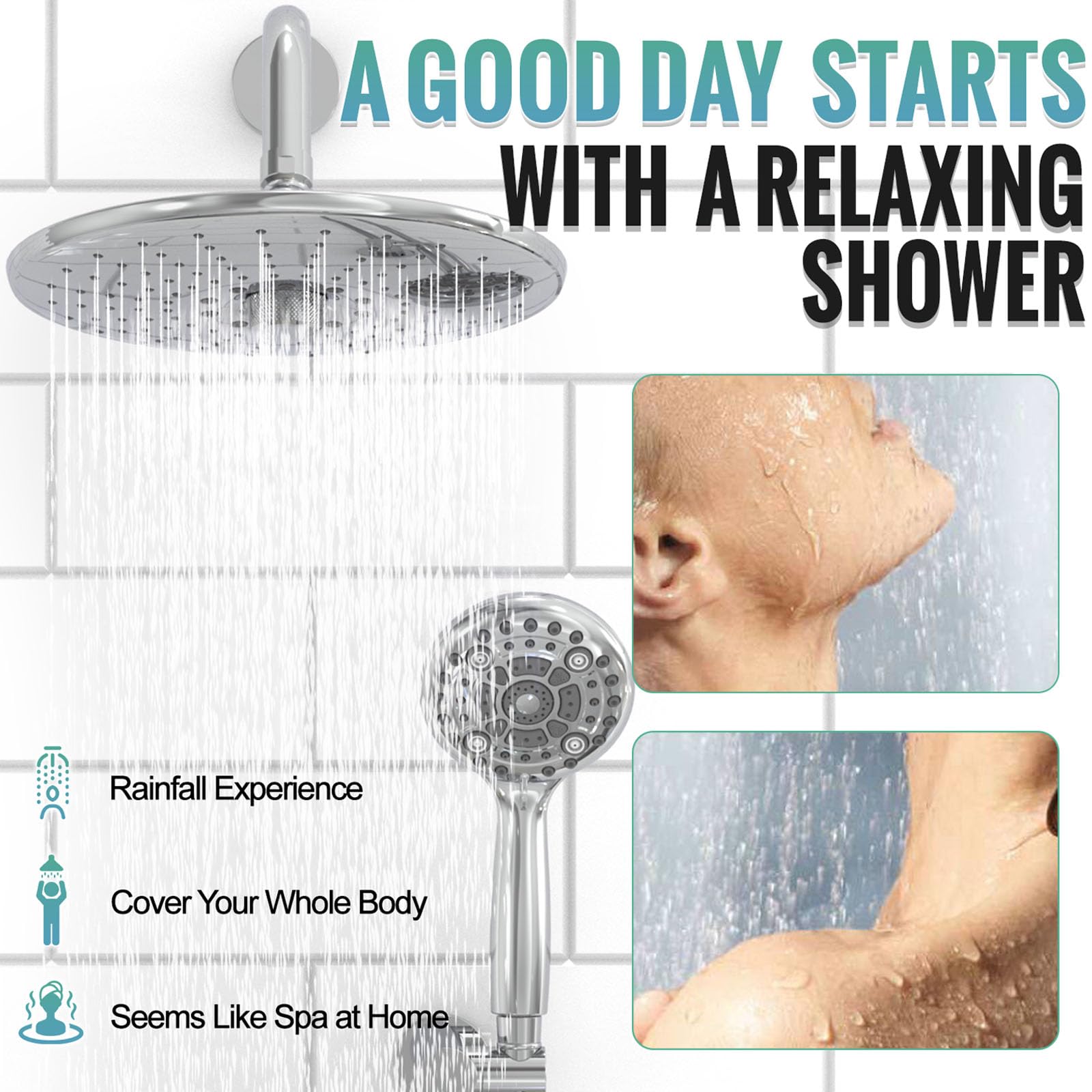 Shower Faucet Set with 3-Function High Pressure 10-Inch Shower System, 6-Setting Handheld Shower Head and Valve