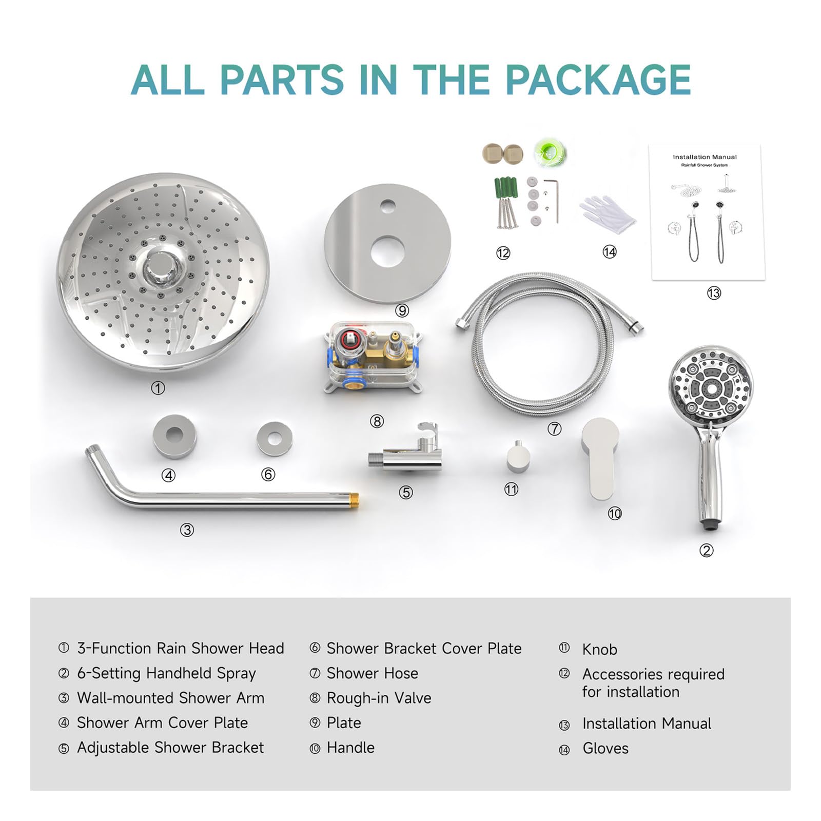 Shower Faucet Set with 3-Function High Pressure 10-Inch Shower System, 6-Setting Handheld Shower Head and Valve