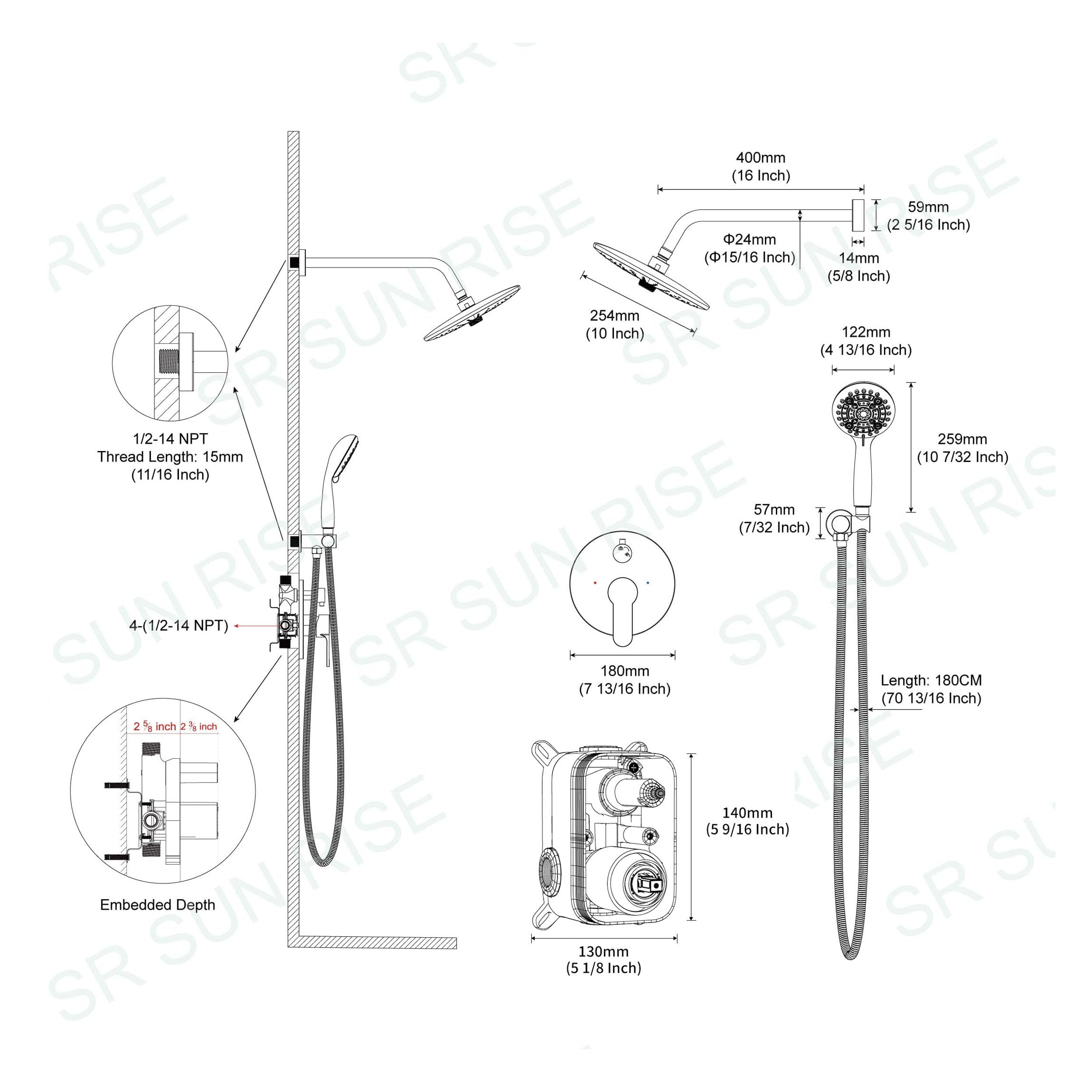 Shower Faucet Set with 3-Function High Pressure 10-Inch Shower System, 6-Setting Handheld Shower Head and Valve