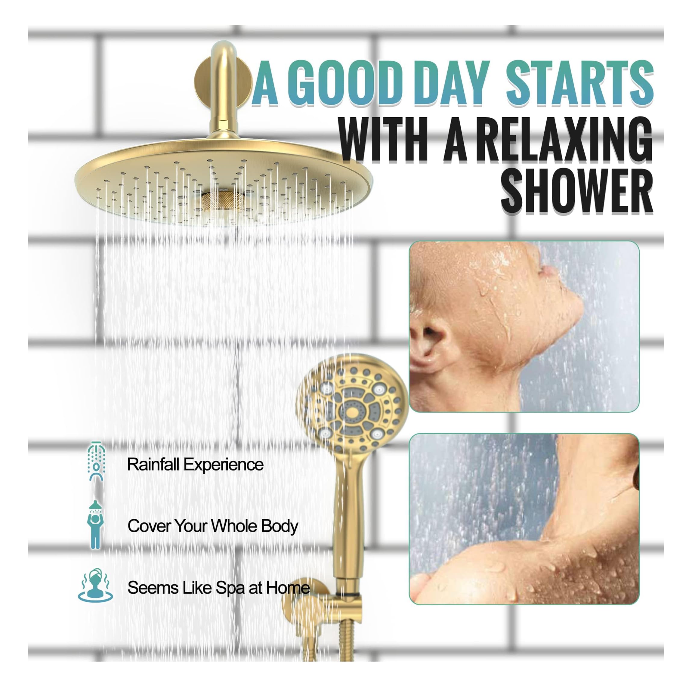 Shower Faucet Set with 3-Function High Pressure 10-Inch Shower System, 6-Setting Handheld Shower Head and Valve