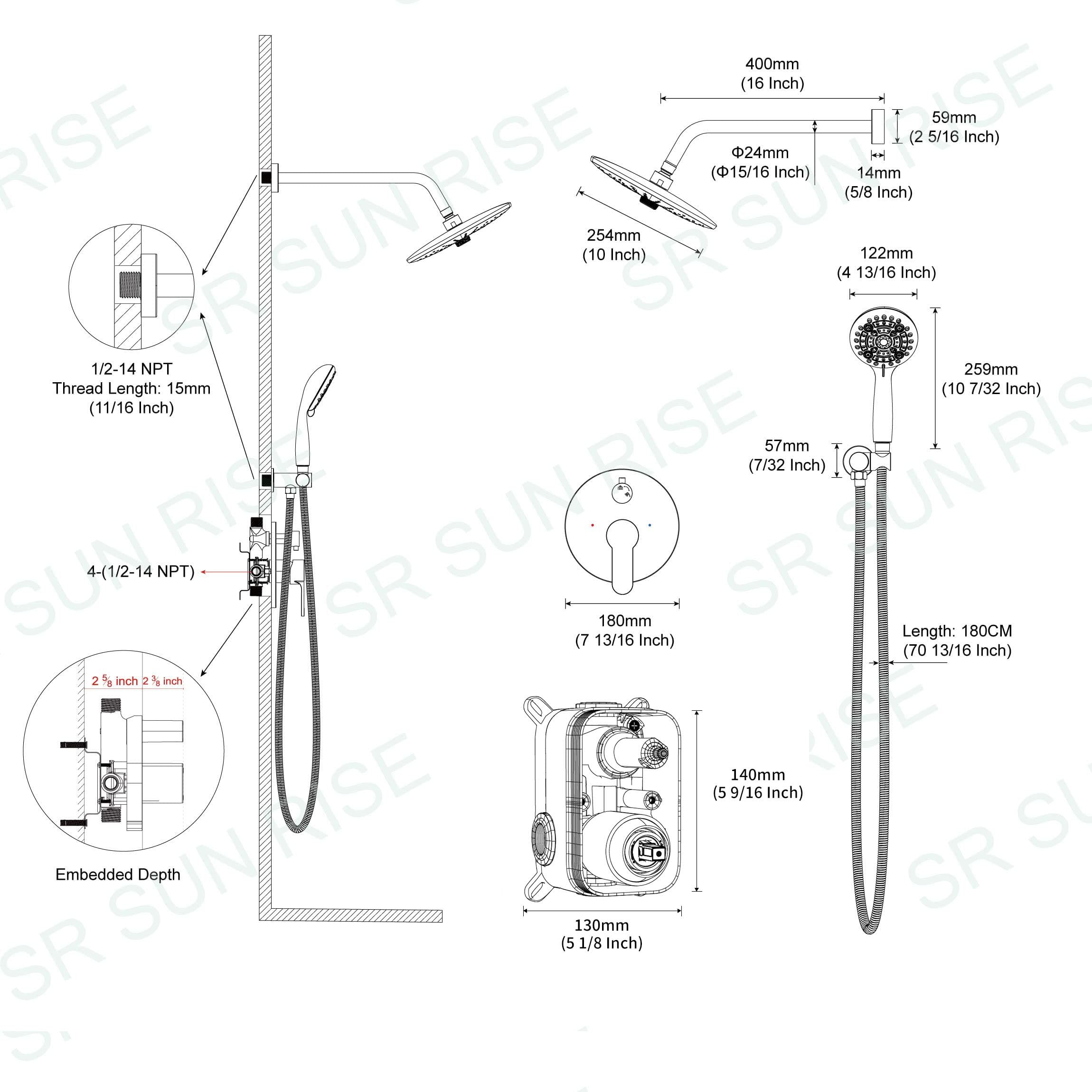 Shower Faucet Set with 3-Function High Pressure 10-Inch Shower System, 6-Setting Handheld Shower Head and Valve