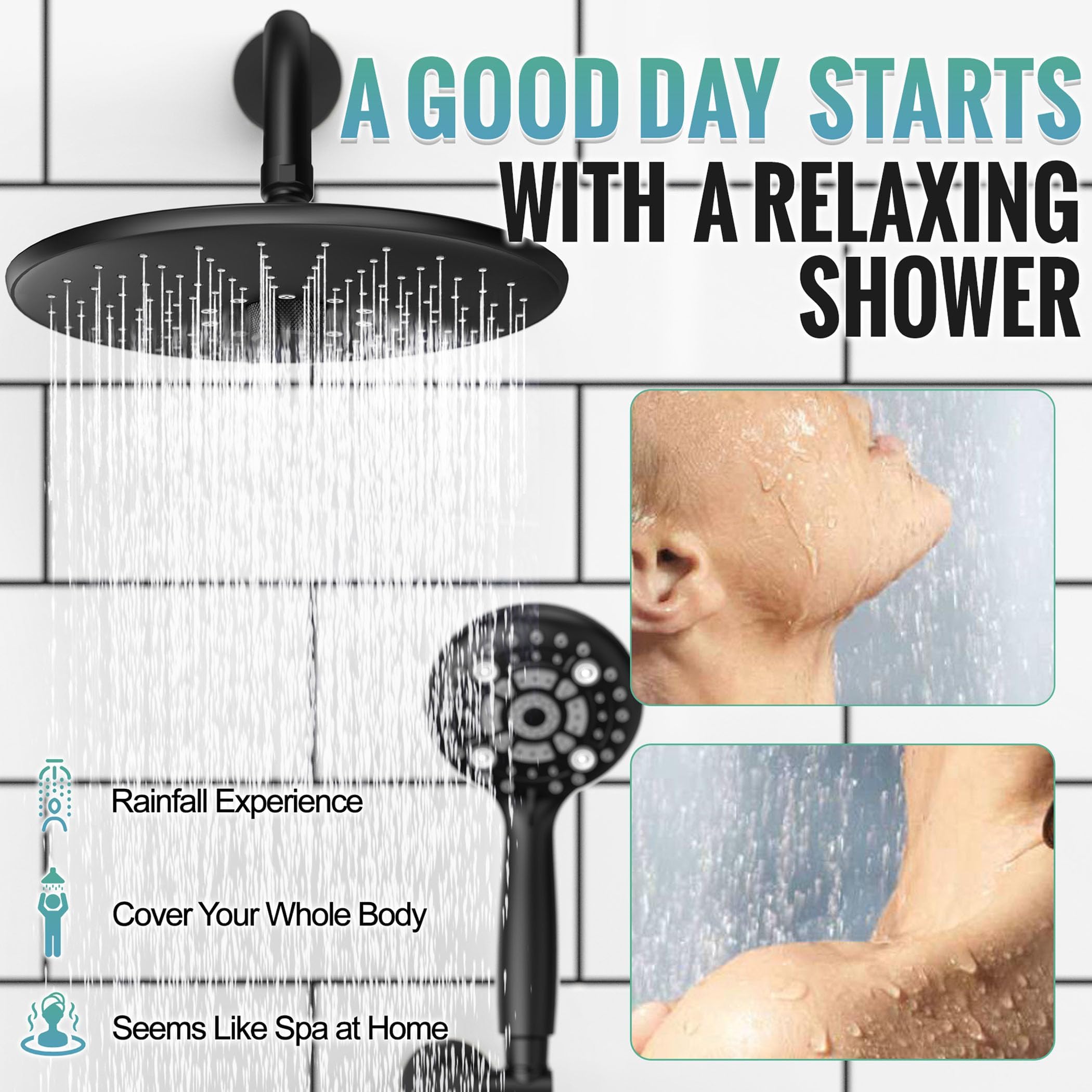 Shower Faucet Set with 3-Function High Pressure 10-Inch Shower System, 6-Setting Handheld Shower Head and Valve