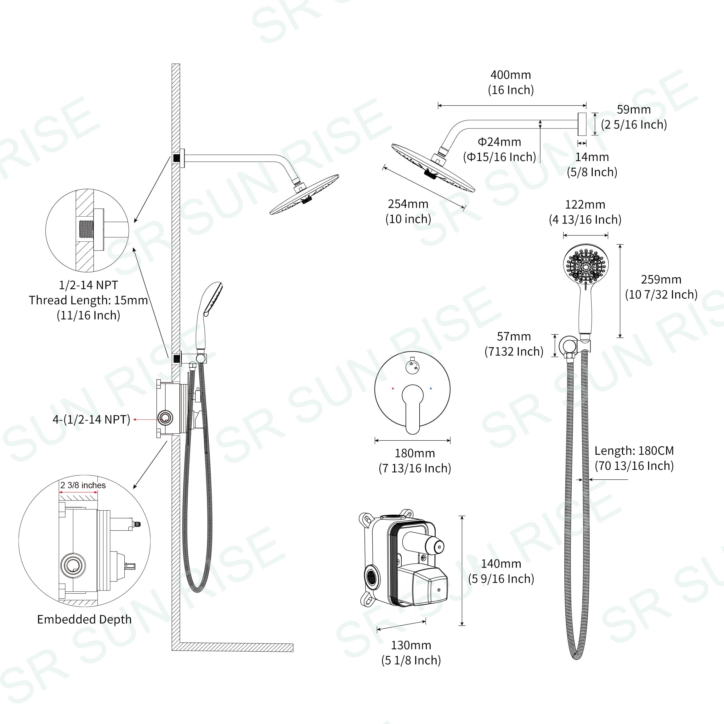 Shower Faucet Set with 3-Function High Pressure 10-Inch Shower System, 6-Setting Handheld Shower Head and Valve