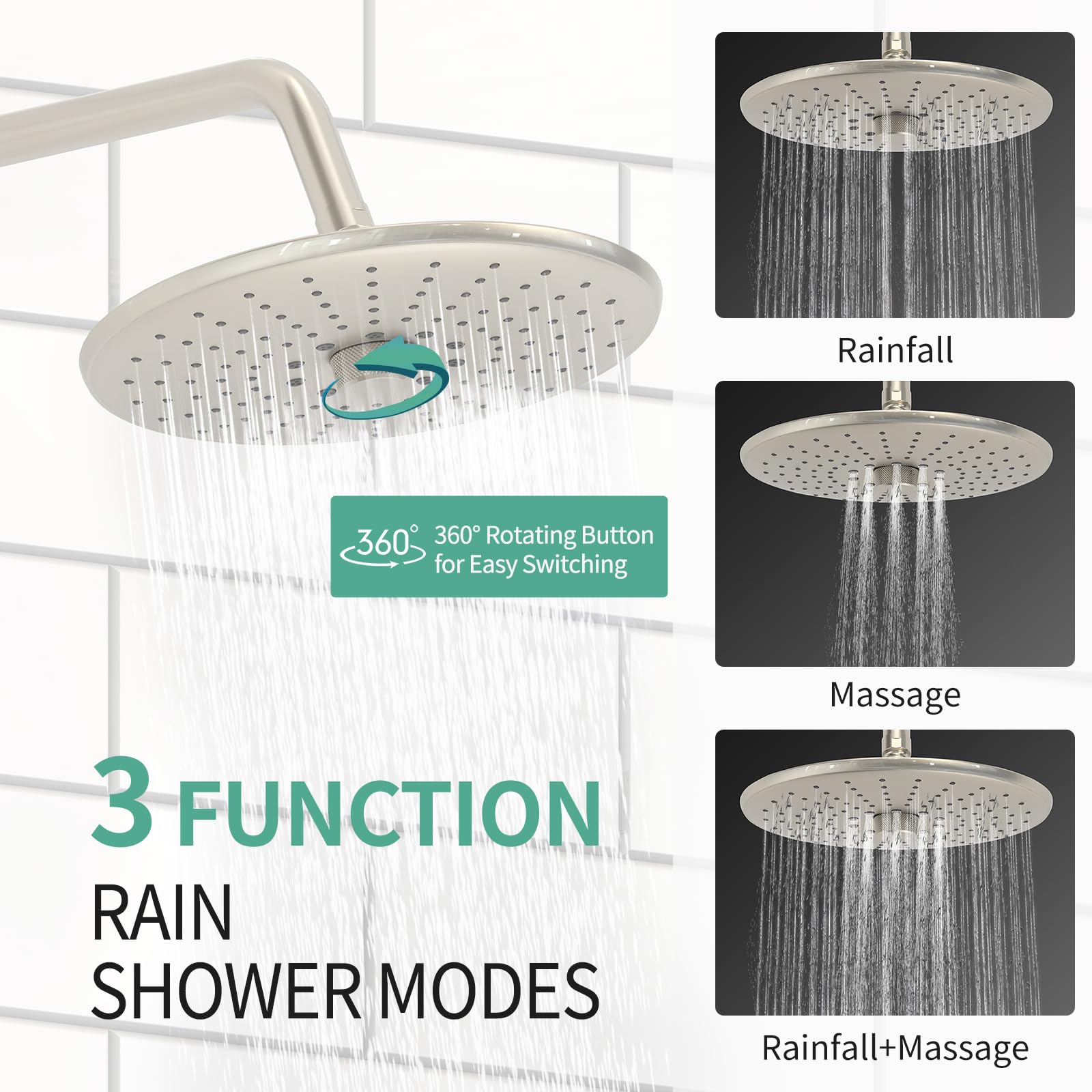 Shower Faucet Set with 3-Function High Pressure 10-Inch Shower System, 6-Setting Handheld Shower Head and Valve