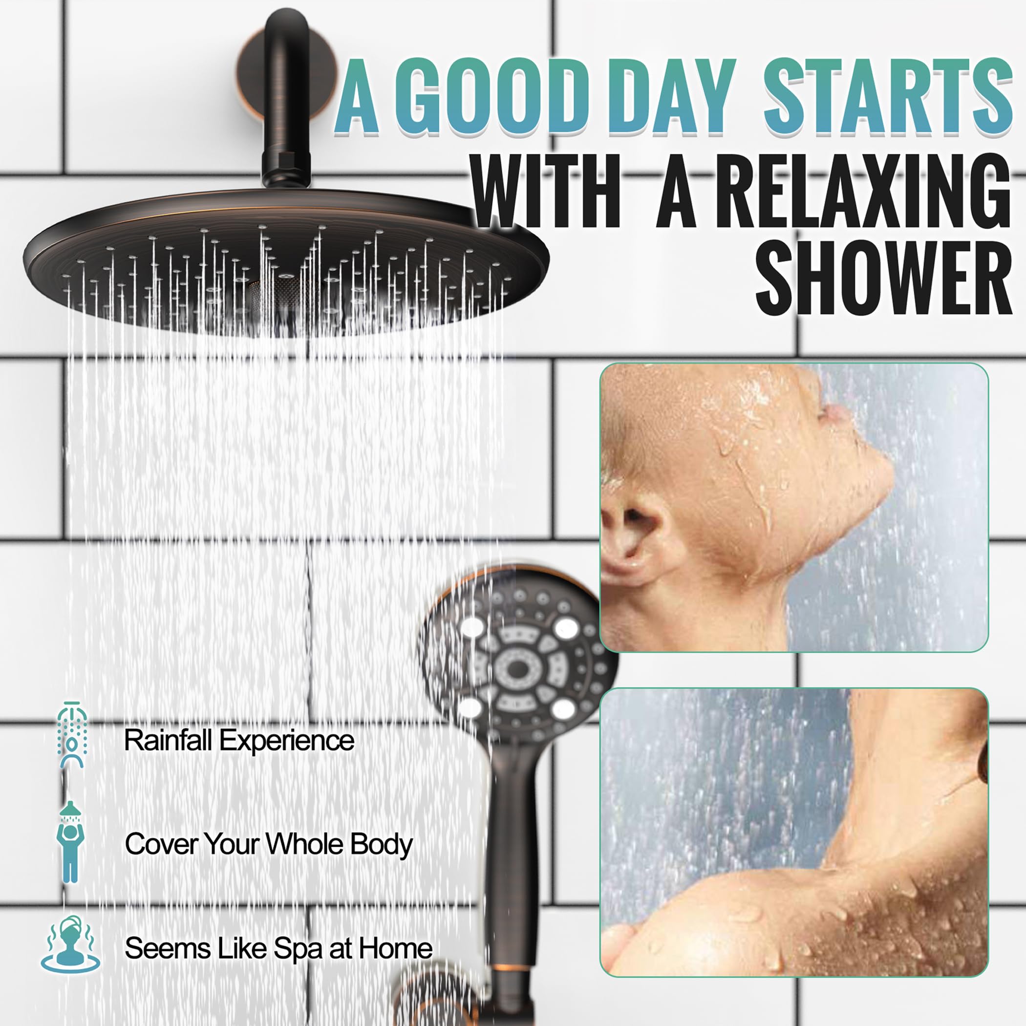 Shower Faucet Set with 3-Function High Pressure 10-Inch Shower System, 6-Setting Handheld Shower Head and Valve