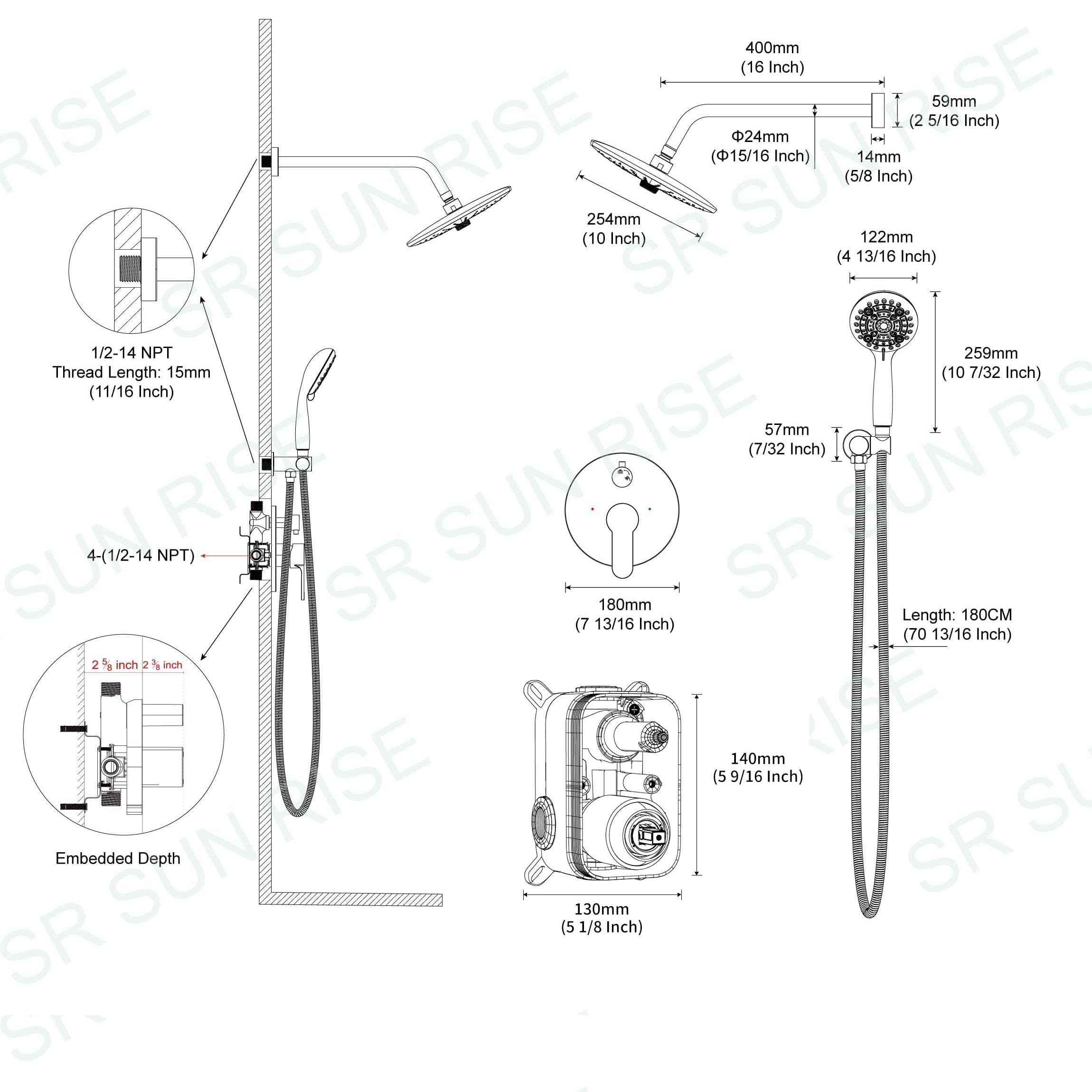 Shower Faucet Set with 3-Function High Pressure 10-Inch Shower System, 6-Setting Handheld Shower Head and Valve