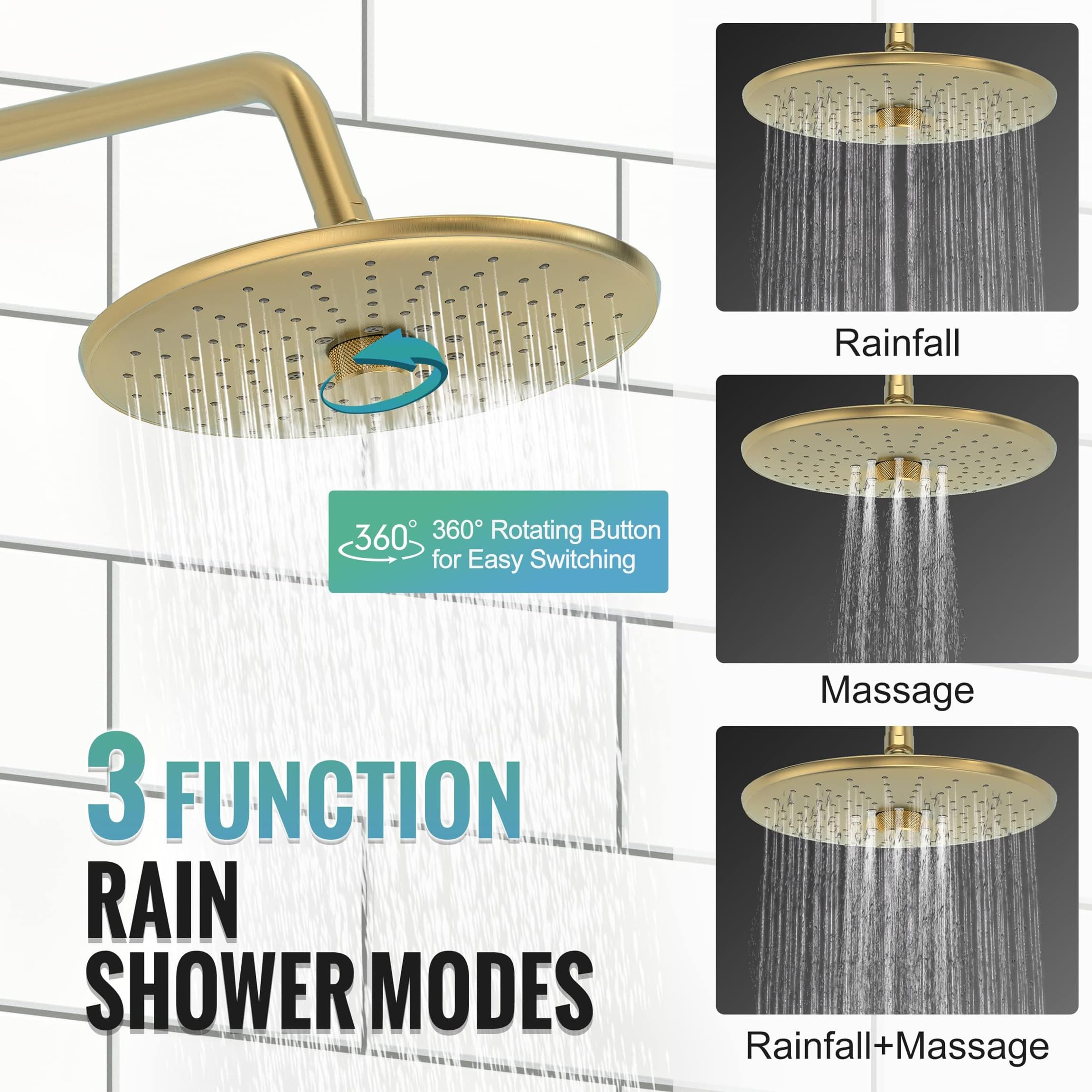 Shower Faucet Set with 3-Function High Pressure 10-Inch Shower System, 6-Setting Handheld Shower Head and Valve