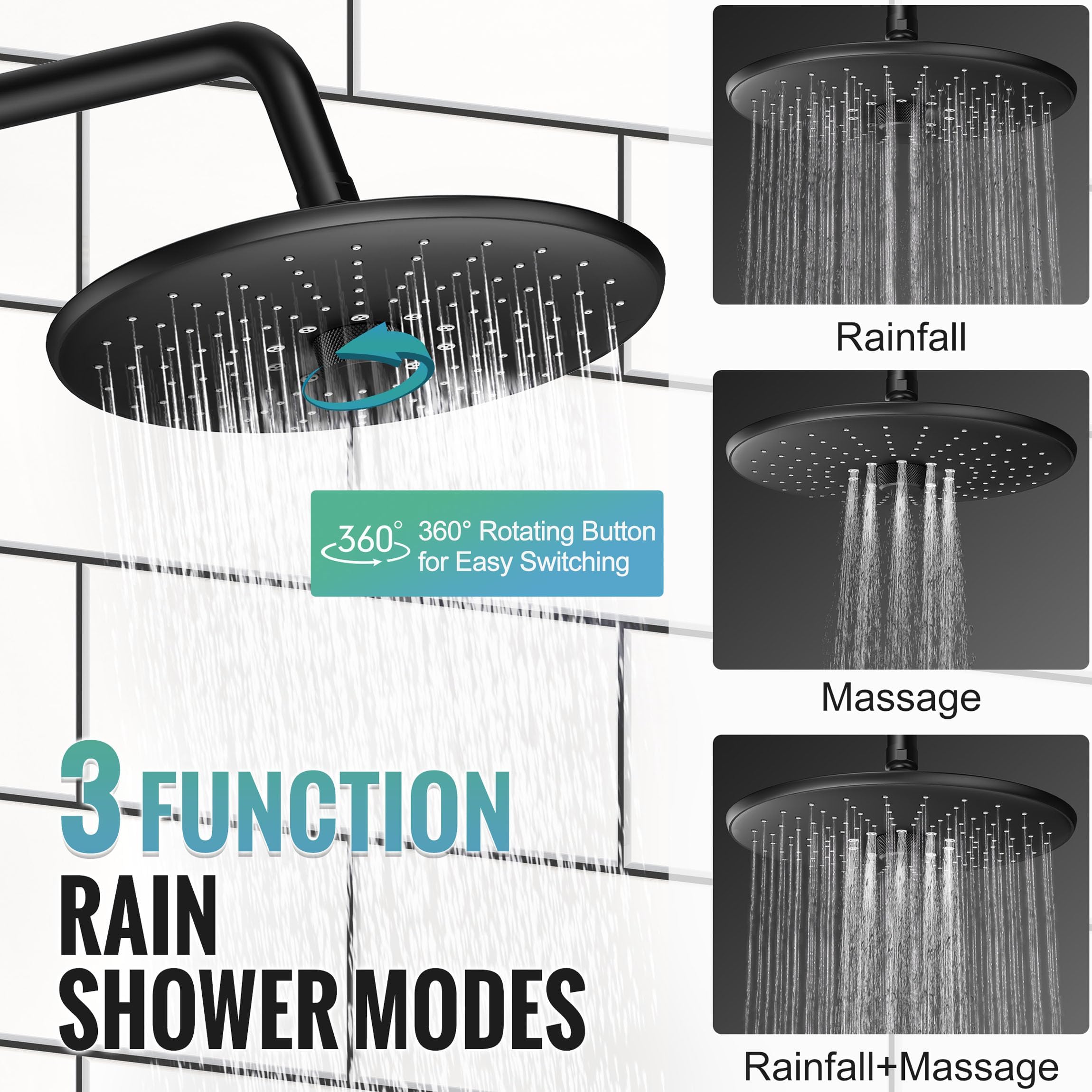 Shower Faucet Set with 3-Function High Pressure 10-Inch Shower System, 6-Setting Handheld Shower Head and Valve