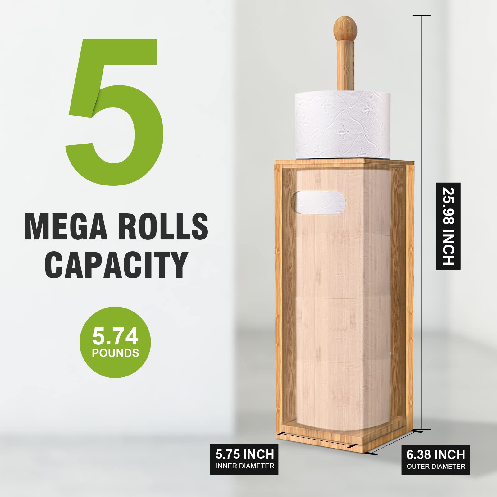 Bamboo Toilet Paper Holder with 4+1 Rolls Storage