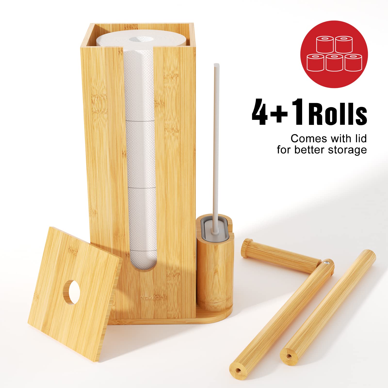 Bamboo Toilet Paper Holder with 4+1 Rolls Storage