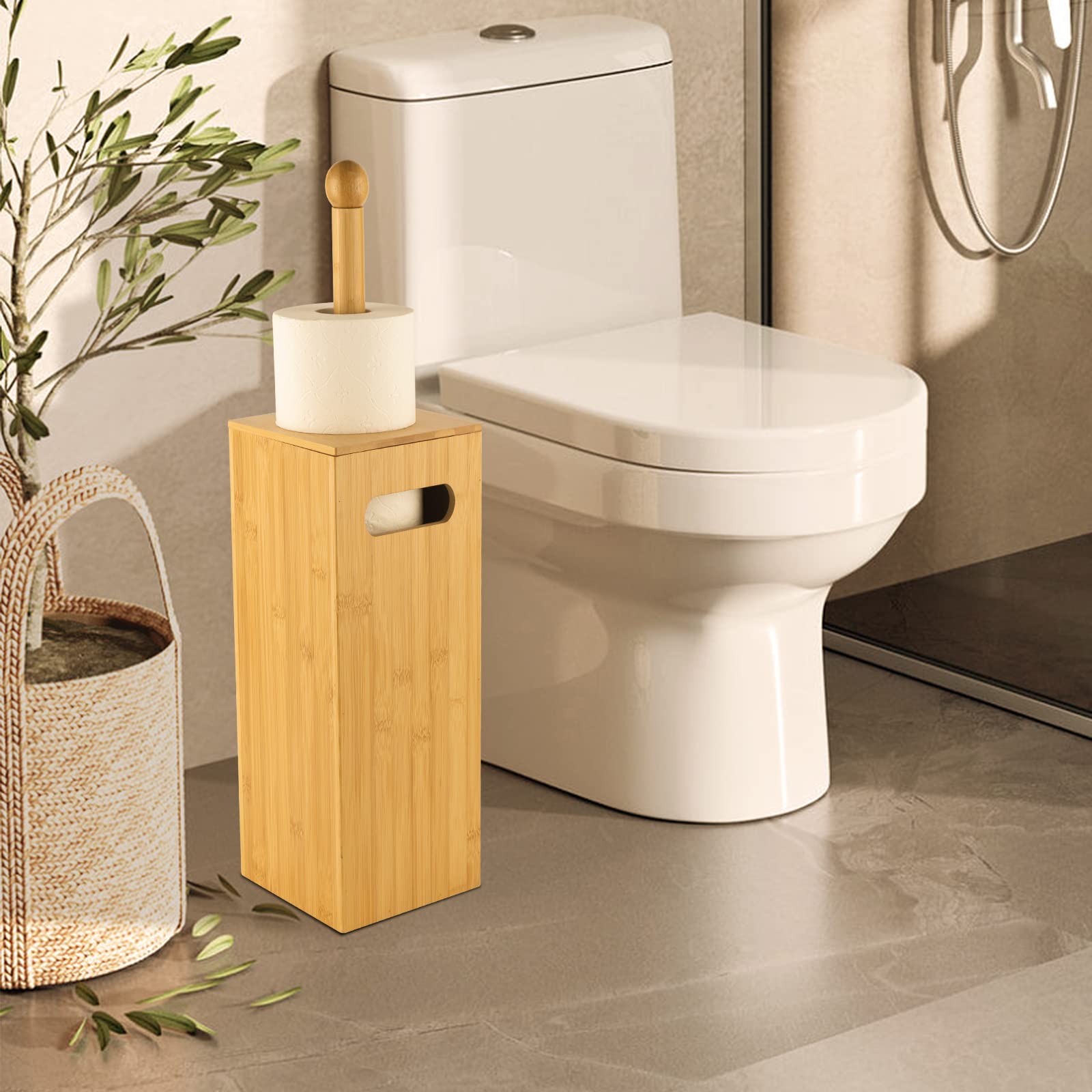 Bamboo Toilet Paper Holder with 4+1 Rolls Storage