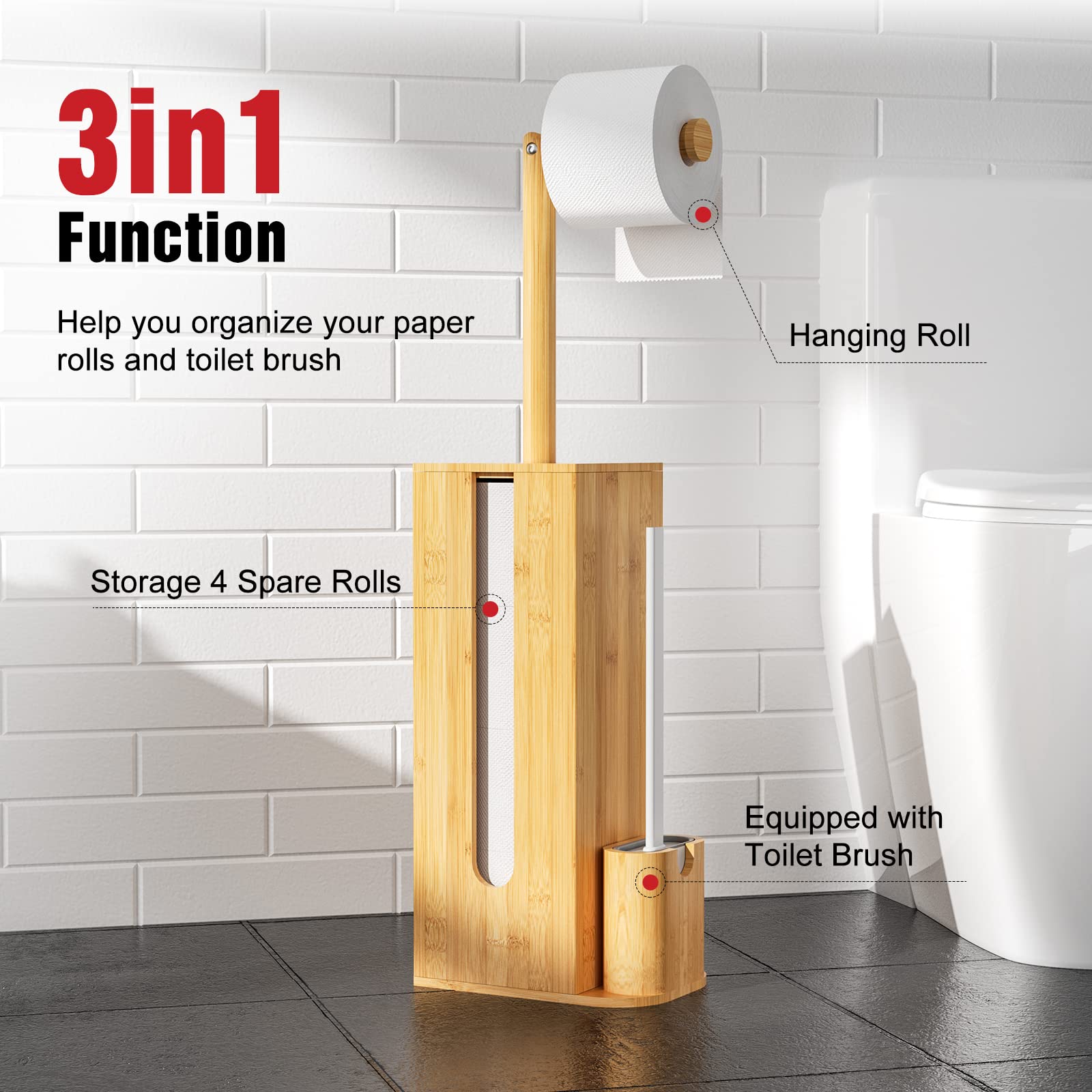 Bamboo Toilet Paper Holder with 4+1 Rolls Storage