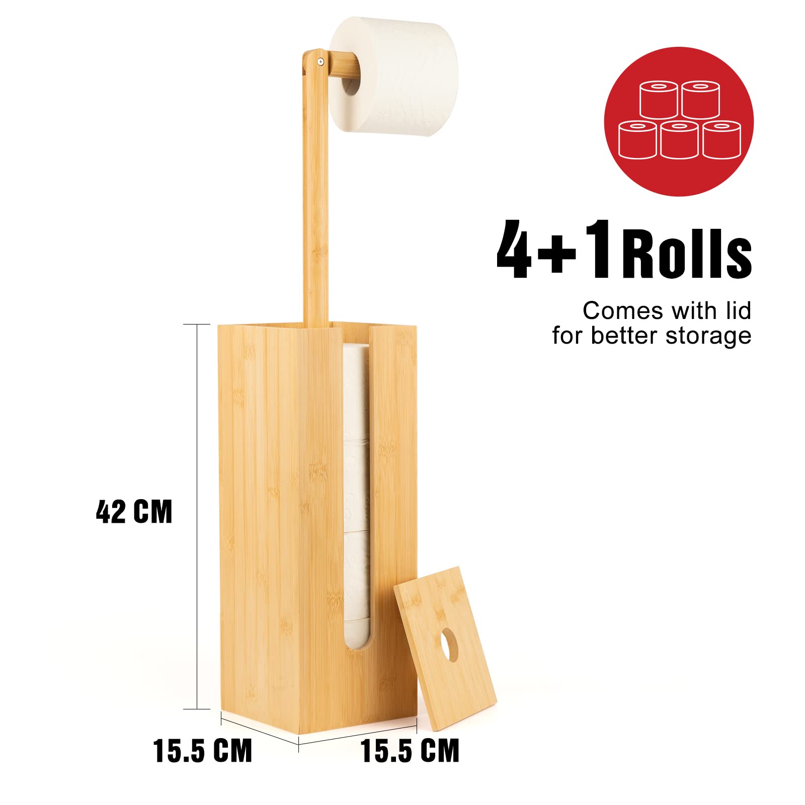 Bamboo Toilet Paper Holder with 4+1 Rolls Storage