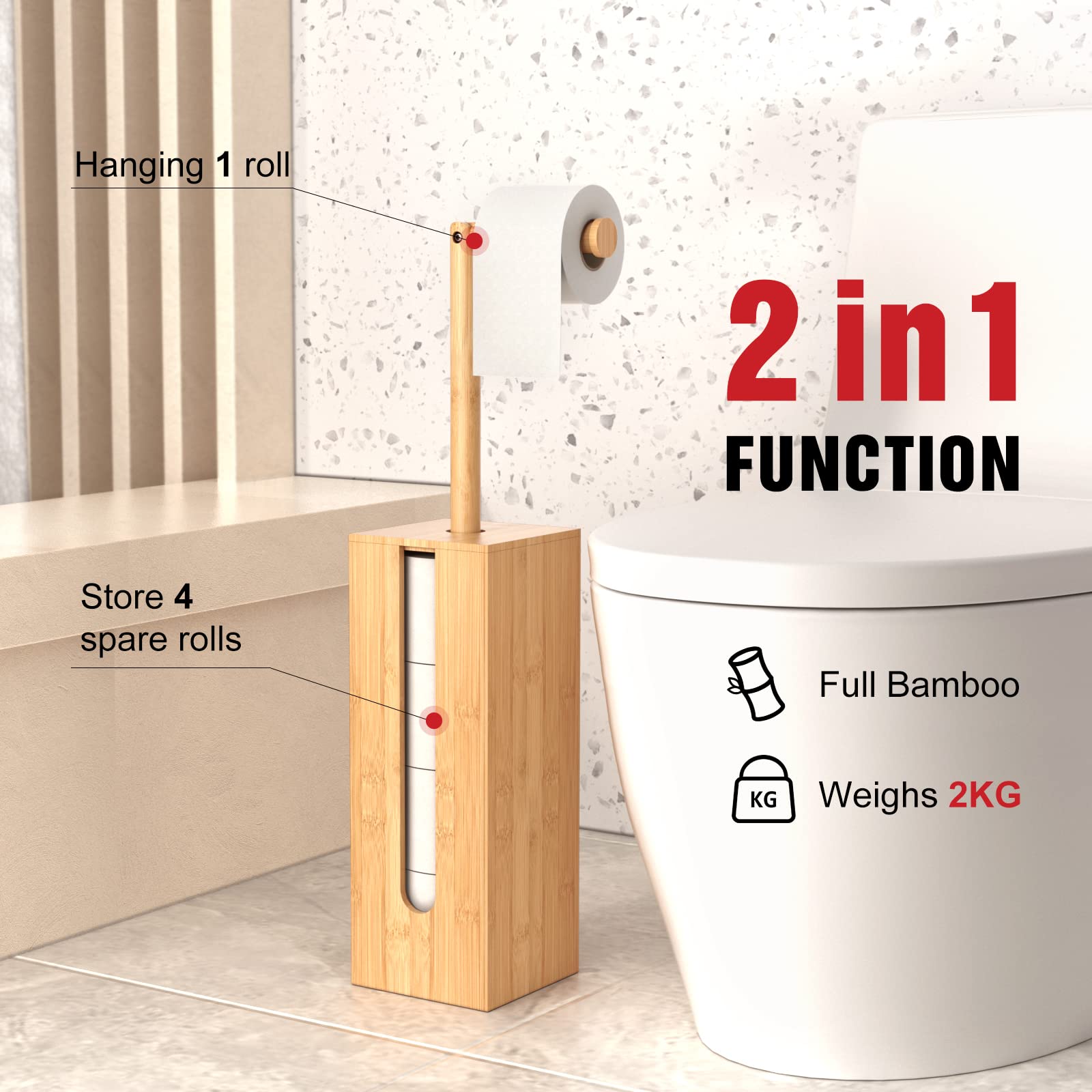 Bamboo Toilet Paper Holder with 4+1 Rolls Storage