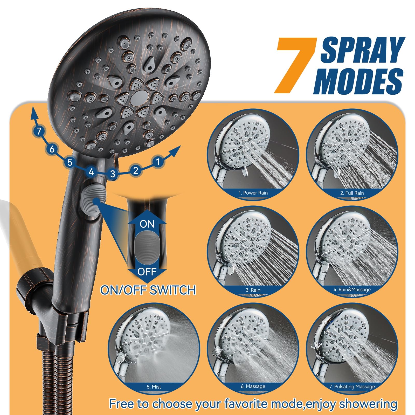 9-Mode High Pressure Handheld Shower with Pause Switch