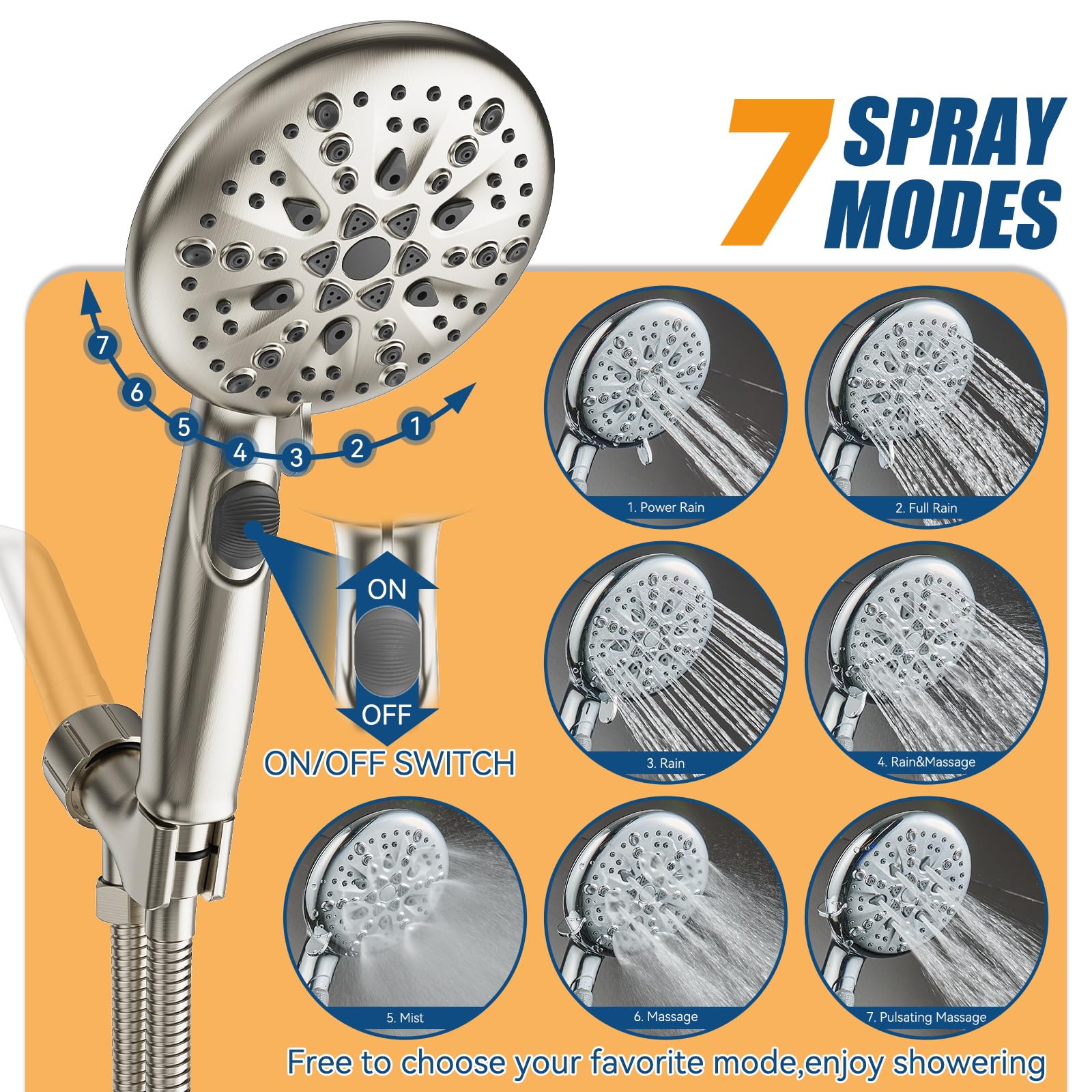 9-Mode High Pressure Handheld Shower with Pause Switch