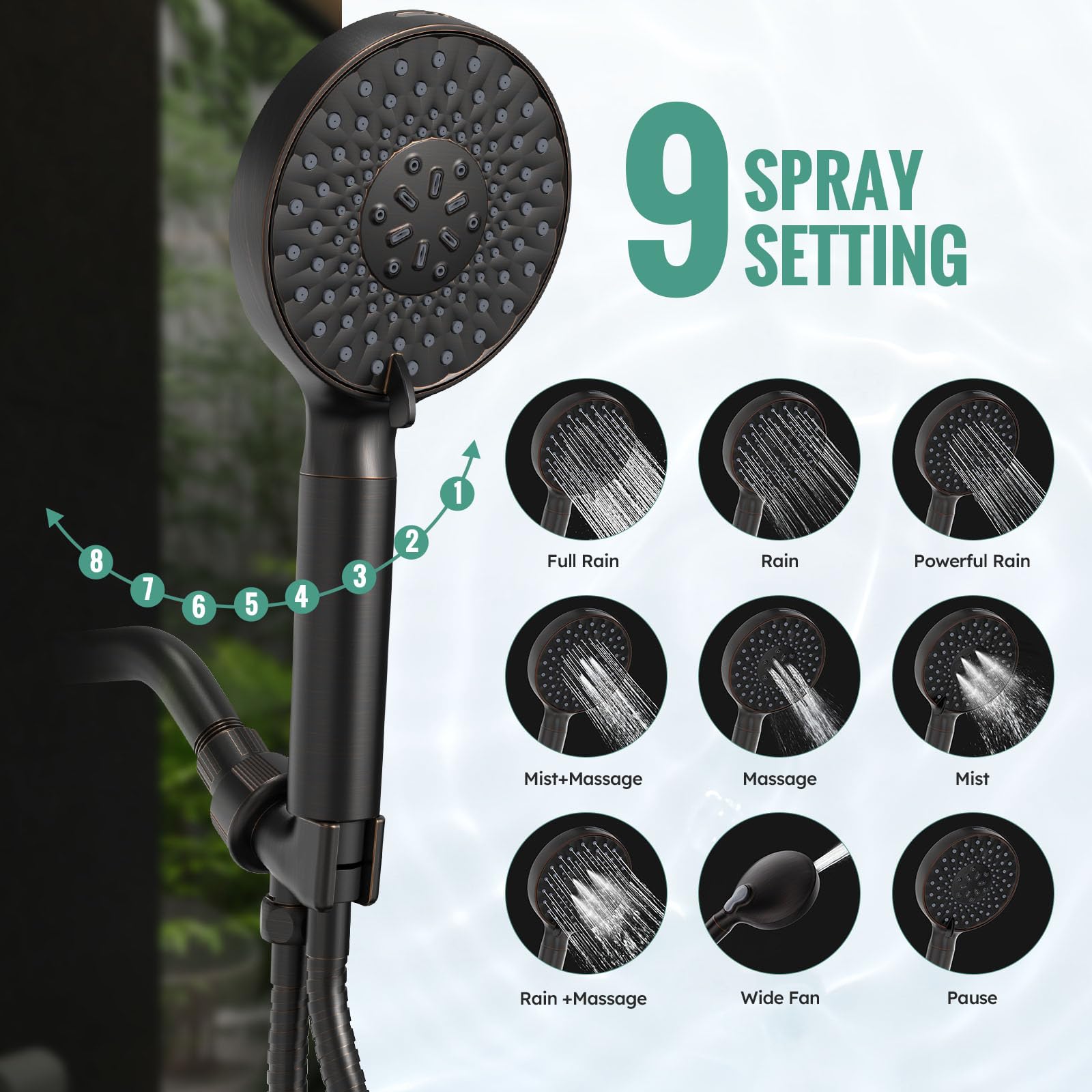 9-Setting Handheld Shower Set with Bracket