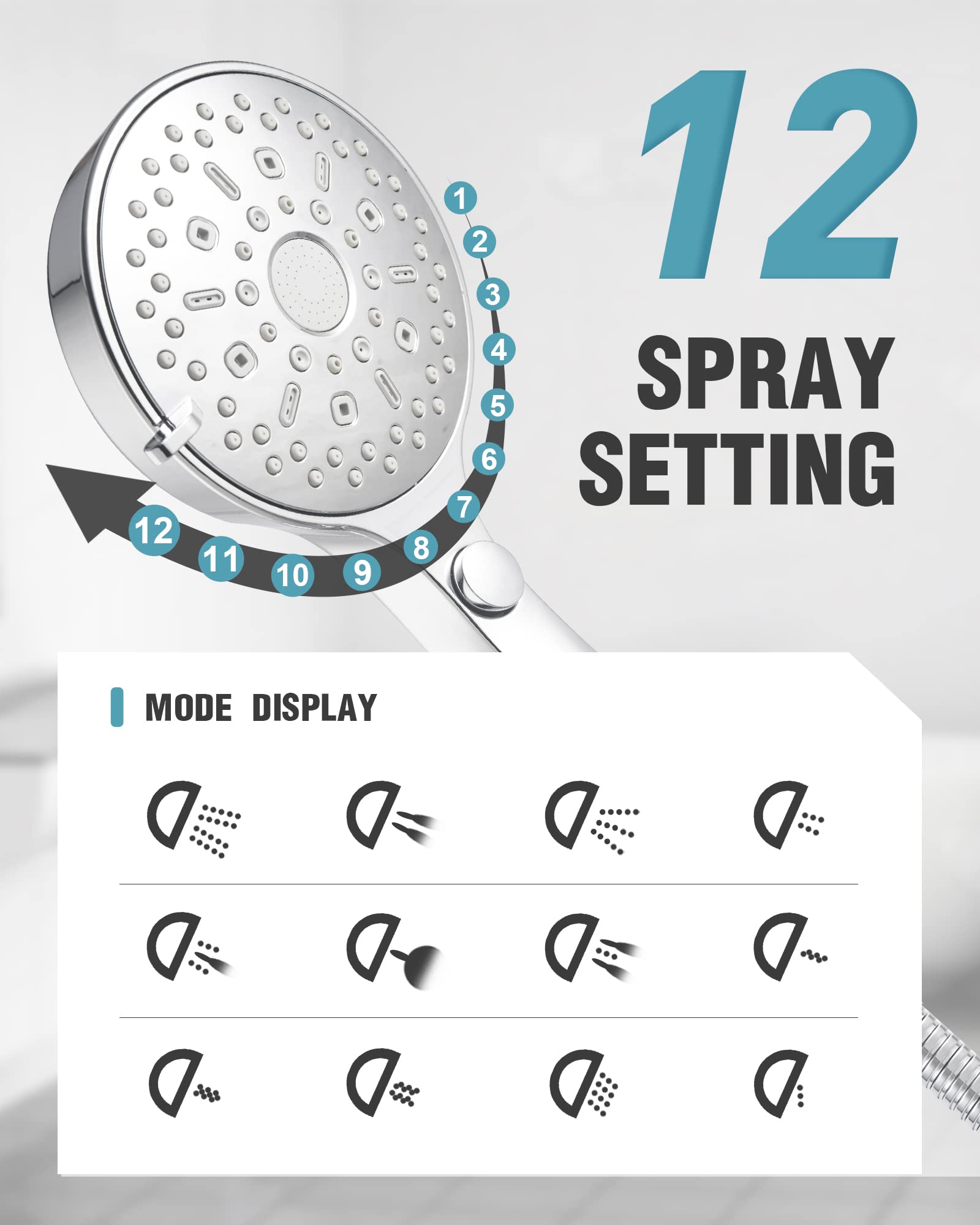 12-Function Handheld Shower with Extra Long Hose