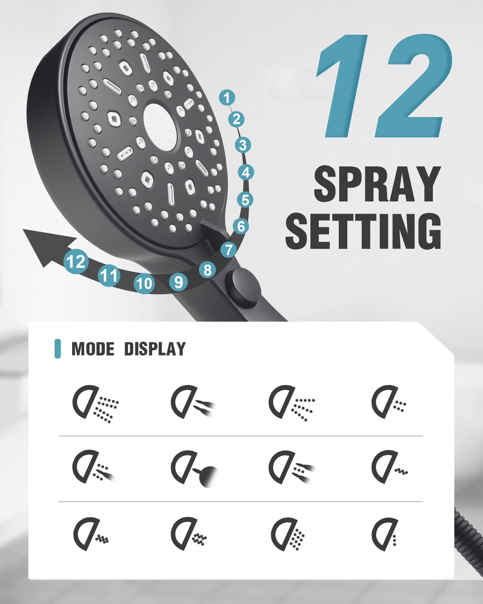 12-Function Handheld Shower with Extra Long Hose