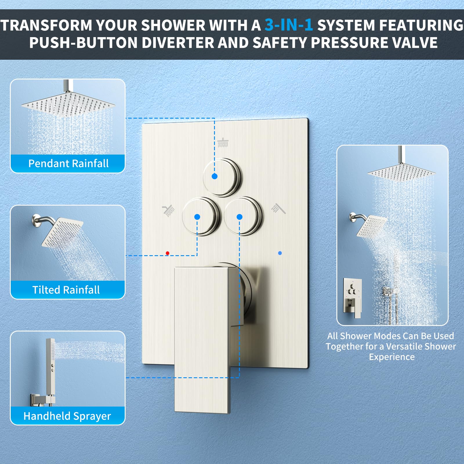 Dual Mount Shower System (Ceiling Rainfall + Wall Handheld)