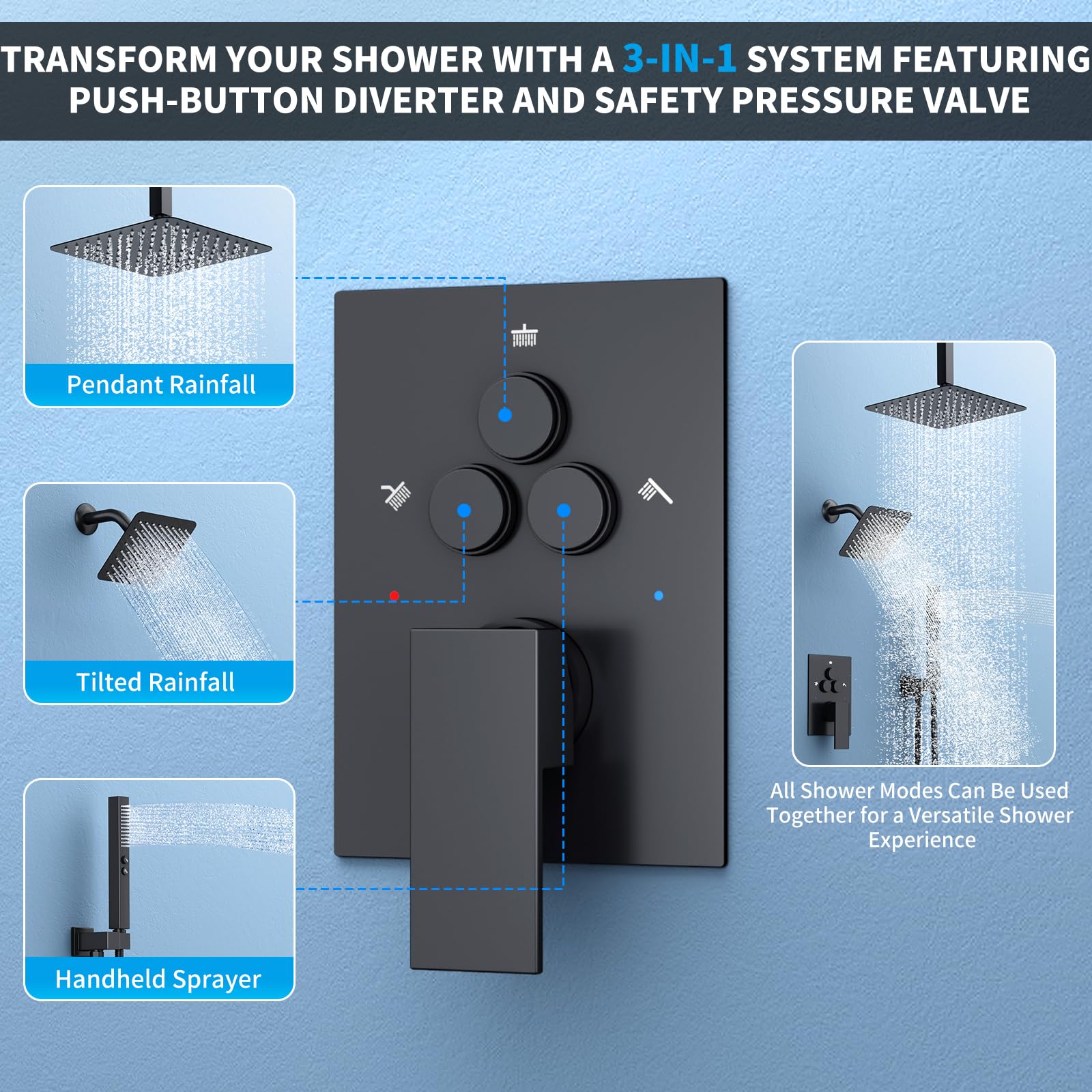 Dual Mount Shower System (Ceiling Rainfall + Wall Handheld)