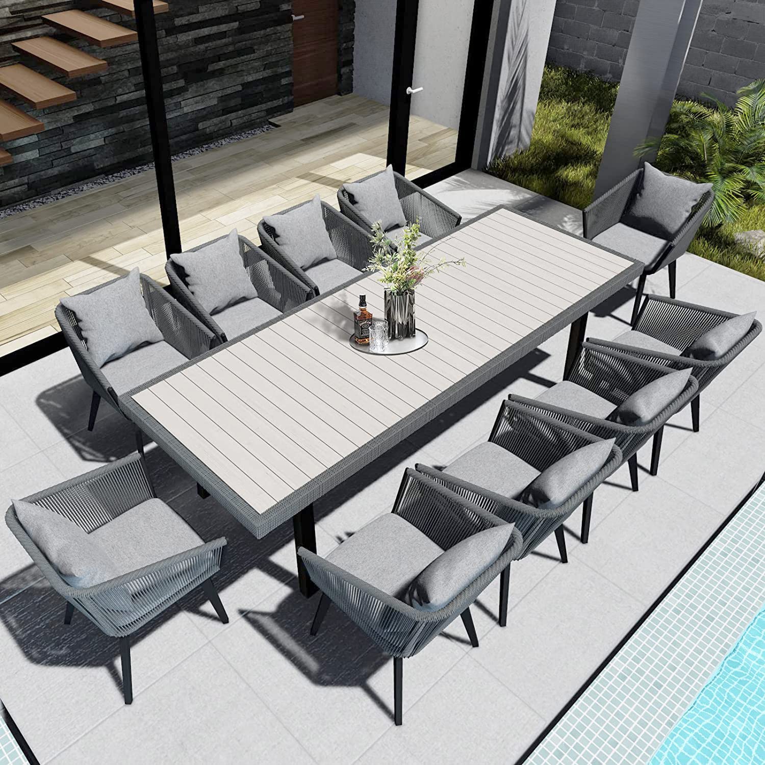 9-Piece Outdoor Dining Set for 8 (Table + 8 Chairs with Cushions)​