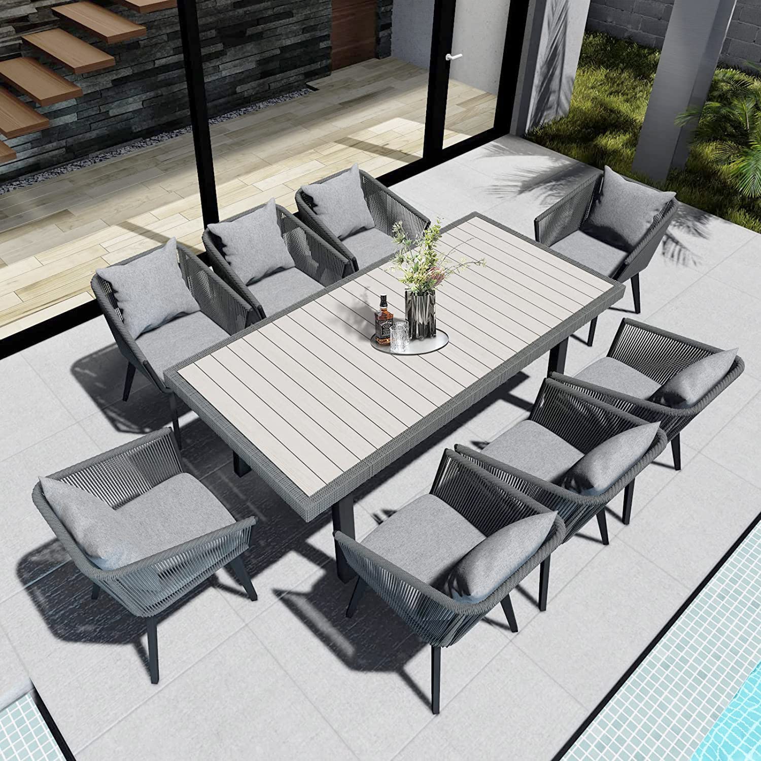 9-Piece Outdoor Dining Set for 8 (Table + 8 Chairs with Cushions)​