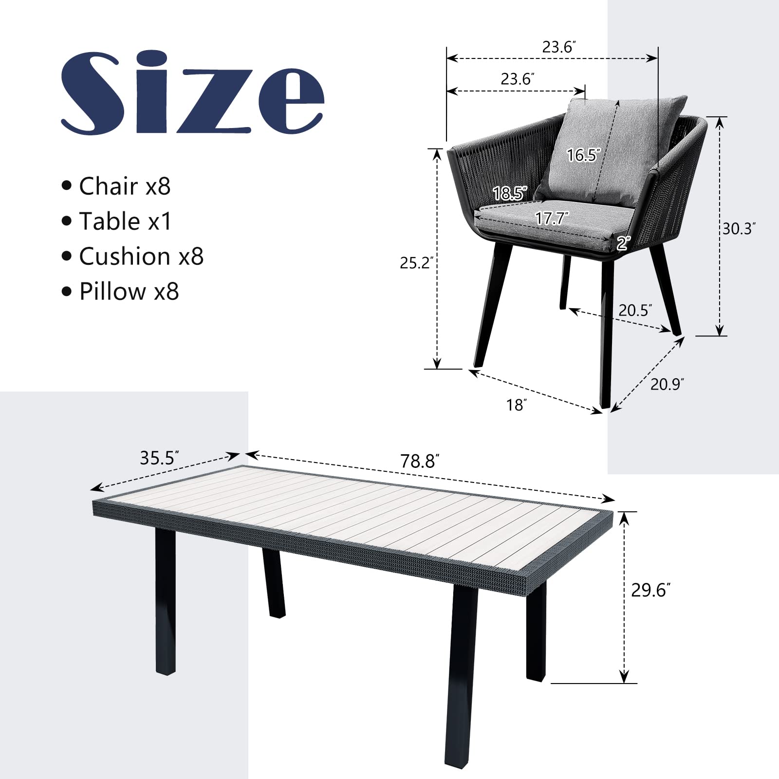 9-Piece Outdoor Dining Set for 8 (Table + 8 Chairs with Cushions)​