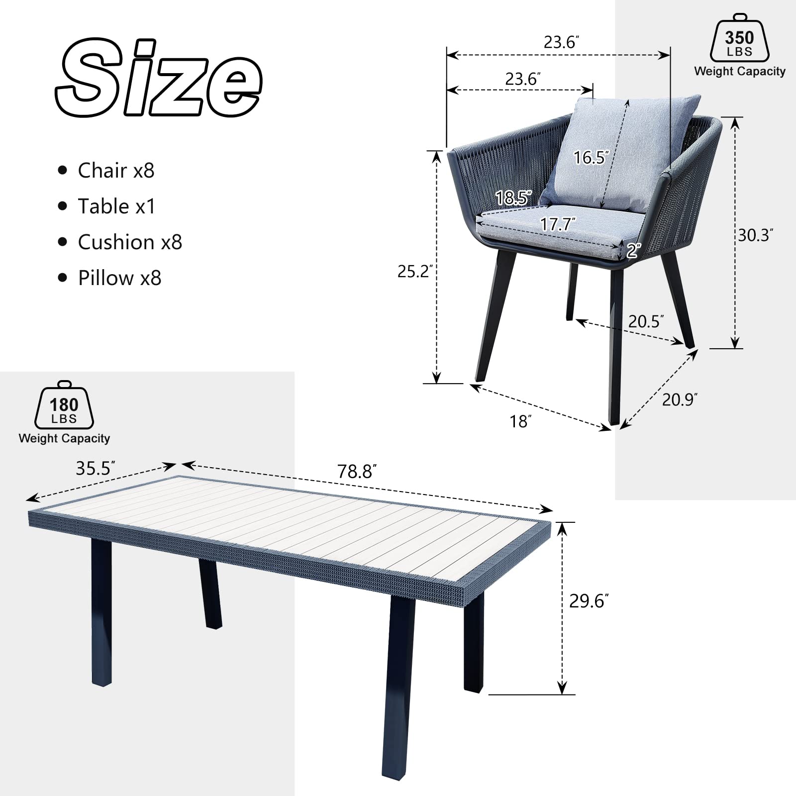 9-Piece Outdoor Dining Set for 8 (Table + 8 Chairs with Cushions)​