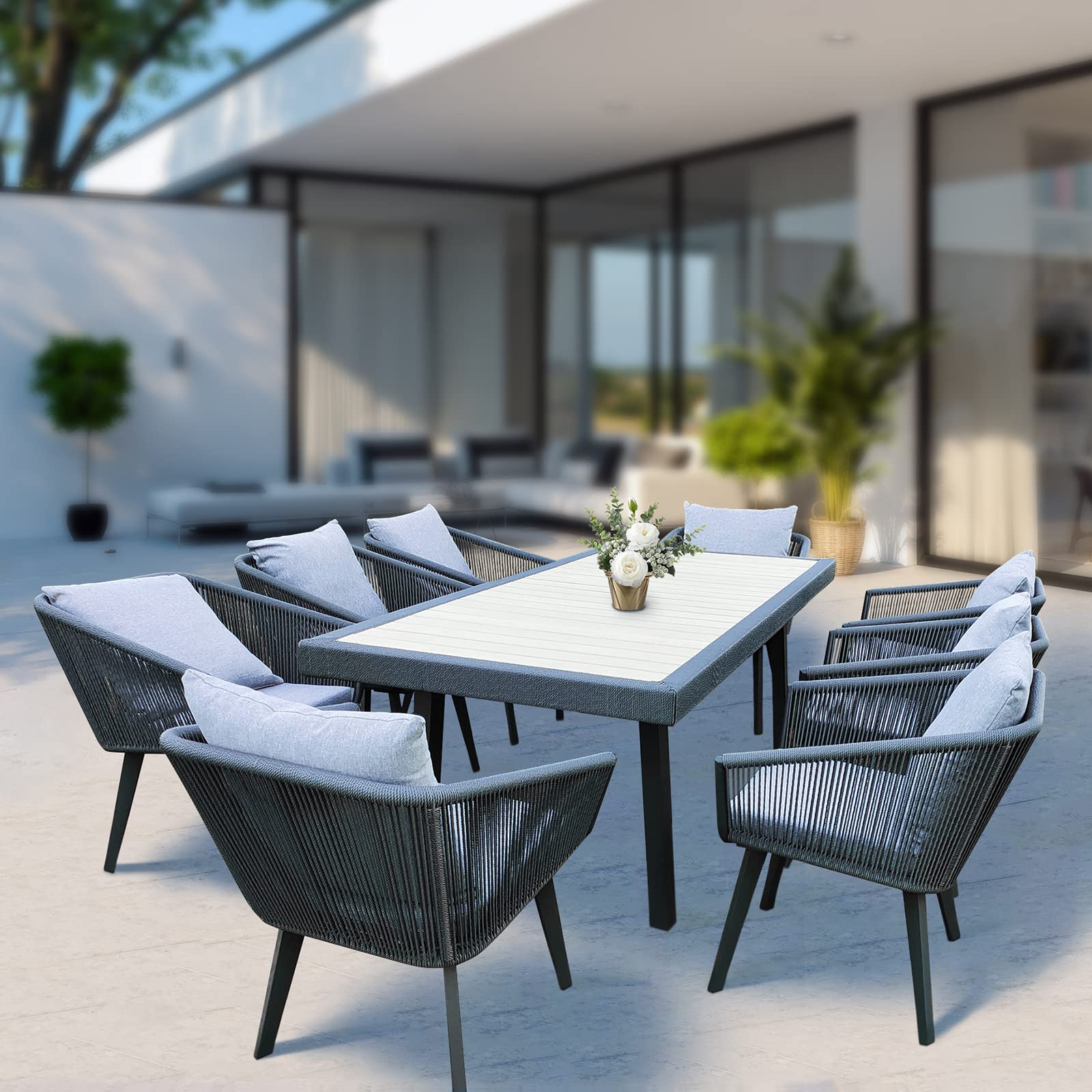 9-Piece Outdoor Dining Set for 8 (Table + 8 Chairs with Cushions)​