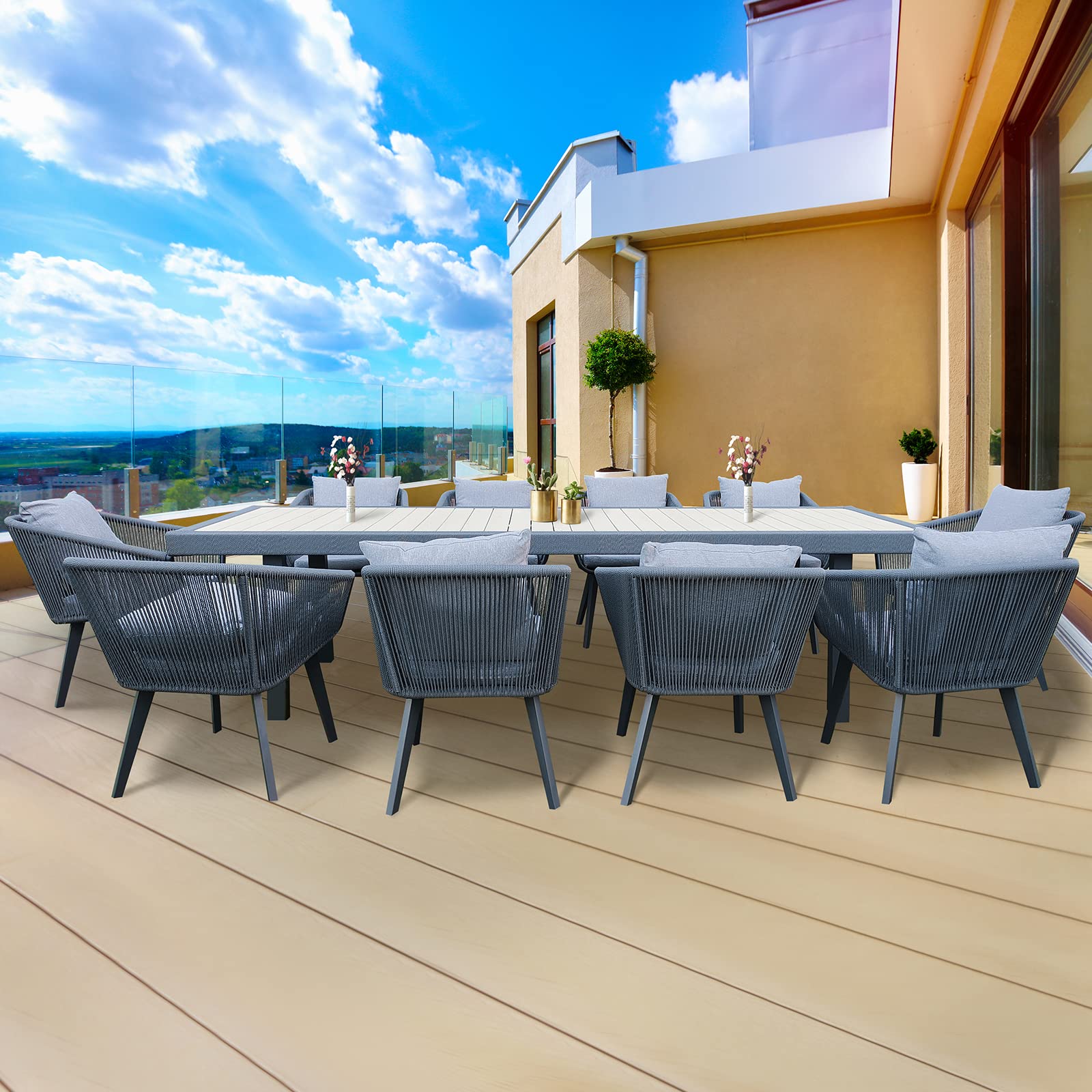 9-Piece Outdoor Dining Set for 8 (Table + 8 Chairs with Cushions)​