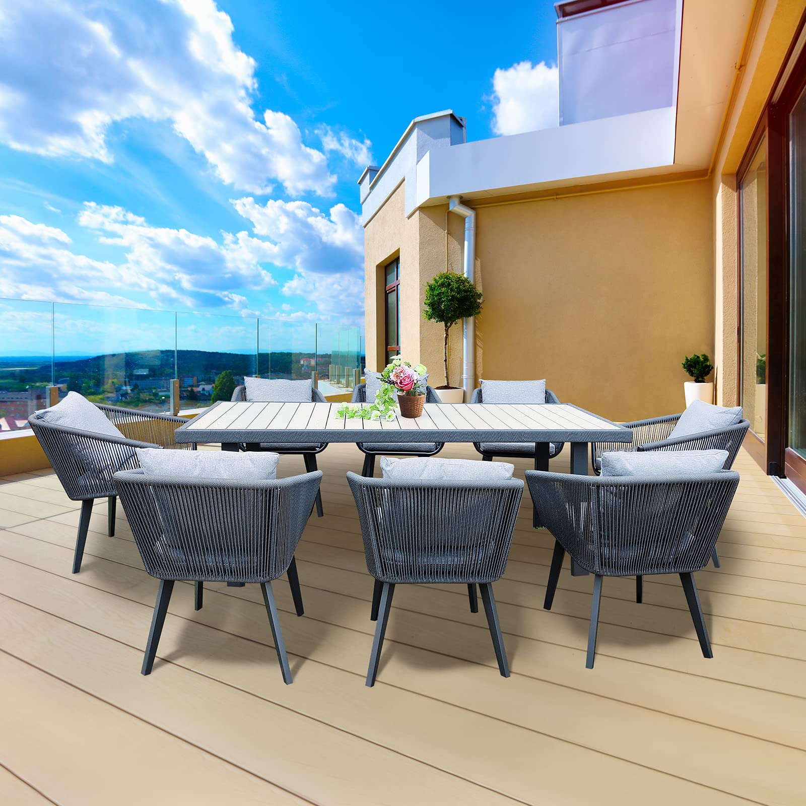 9-Piece Outdoor Dining Set for 8 (Table + 8 Chairs with Cushions)​