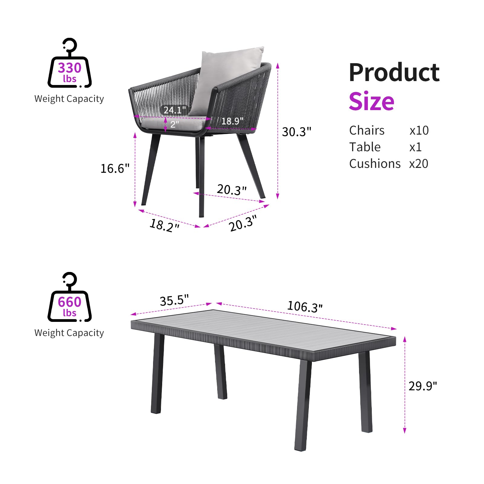 11-Piece Outdoor Dining Set for 10 (Table + 10 Chairs with Cushions)​​