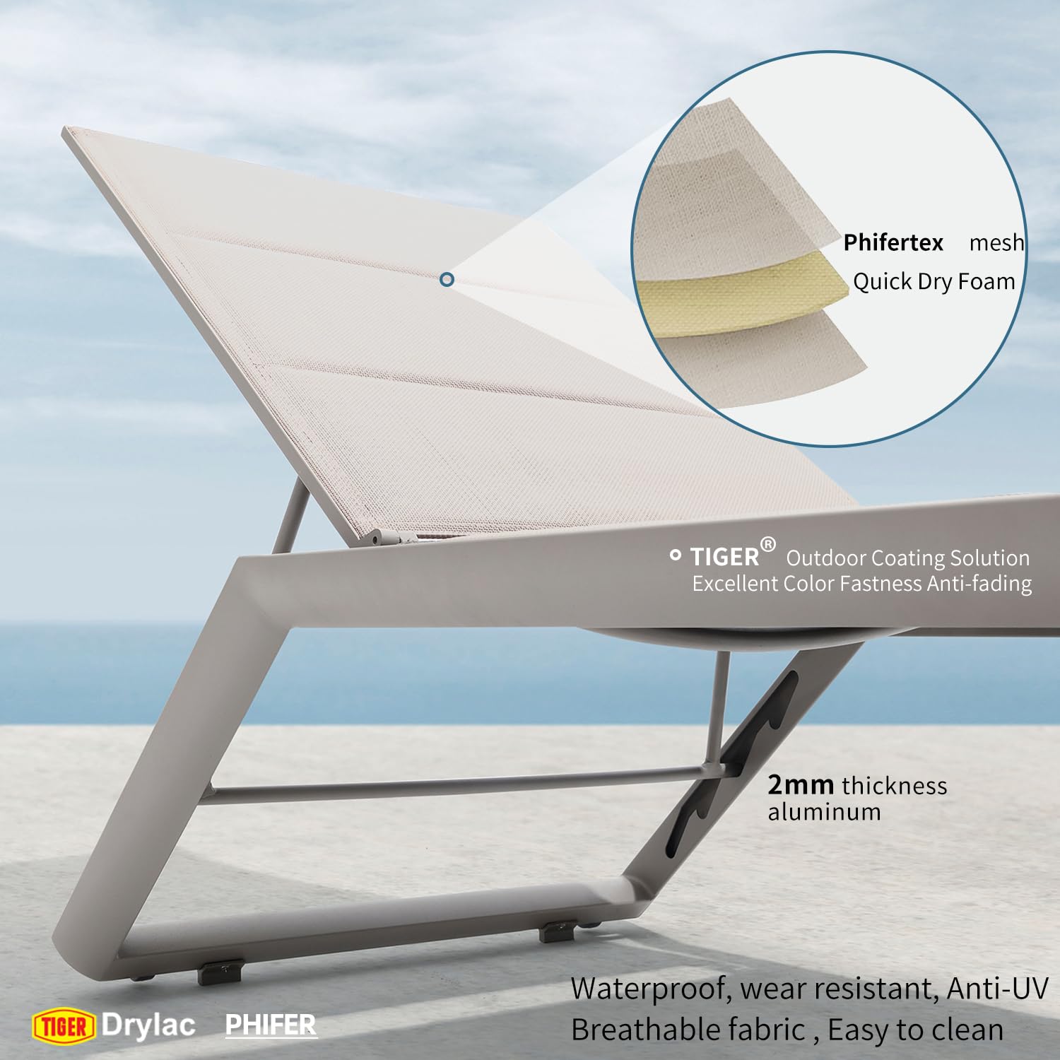 4-Position Adjustable Chaise Lounge Set (2 Chairs + Table, Wheels Included) - Khaki