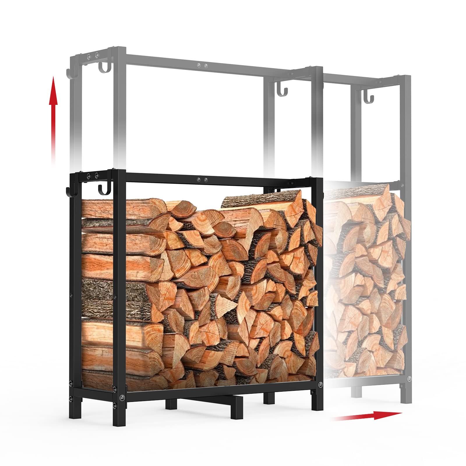 4ft Firewood Rack Outdoor, Adjustable Fire Log Stacker Stand, Fire Wood Holder Outdoors with 4 Hooks to conveniently Hold Fireplace Tools Set